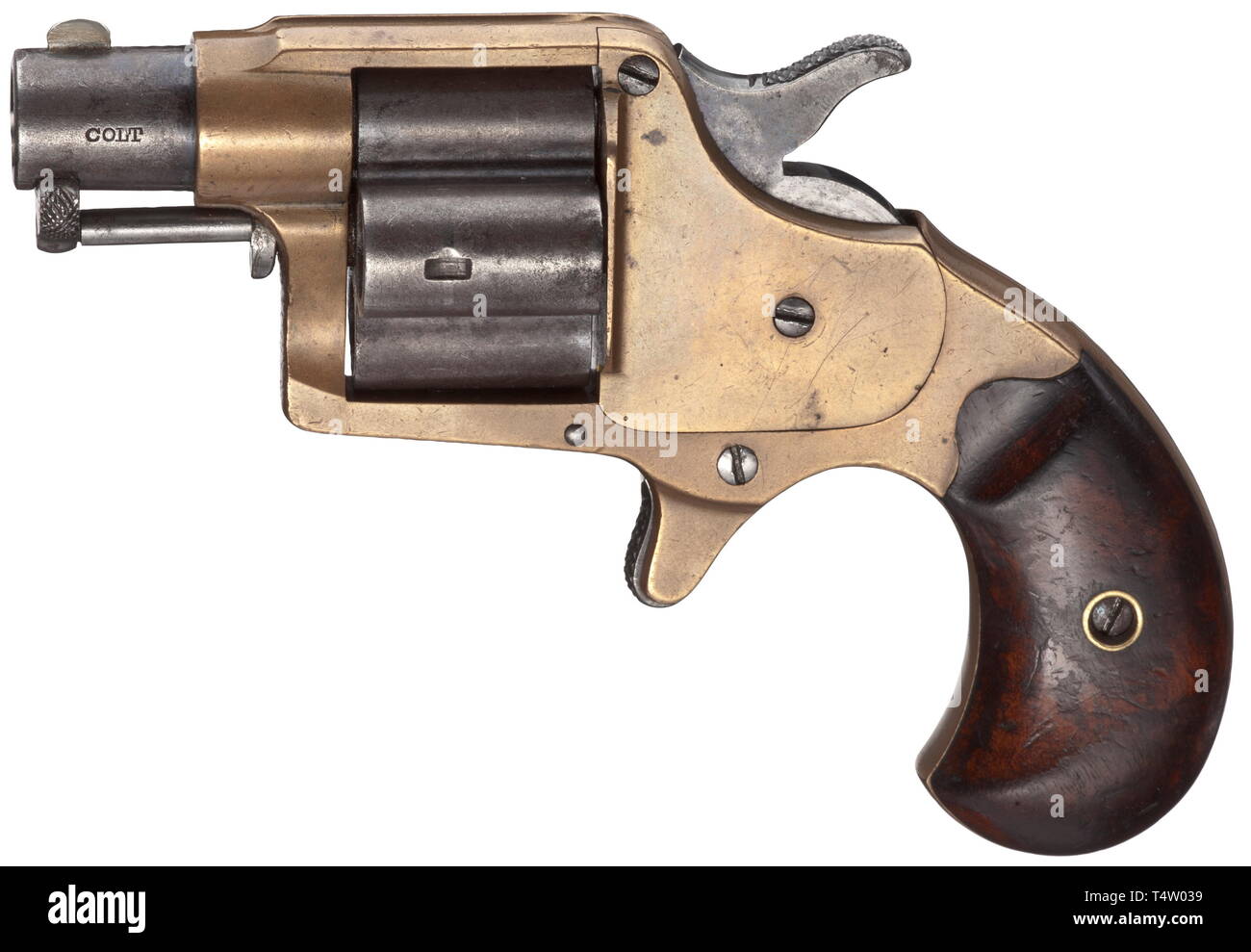 A Colt Cloverleaf House Model, cal..41 RF, no. 2847. Matching numbers. Seven grooves with good rifling, length 1-1/2'. Nickel-silver front sight. Four shots. Manufactured in 1871. Sole inscription 'COLT' on left side of barrel. Barrel, cylinder and hammer blued, patinated steel. Brass frame with minimal remnants of nickel. Smooth walnut grip panels. Very good overall condition. The 1-1/2'-barrel model is rare, most models had a 3'-barrel. The weapon on offer originates from the Robert Q. Sutherland Collection and is shown and described in Wilson,, Additional-Rights-Clearance-Info-Not-Available Stock Photo