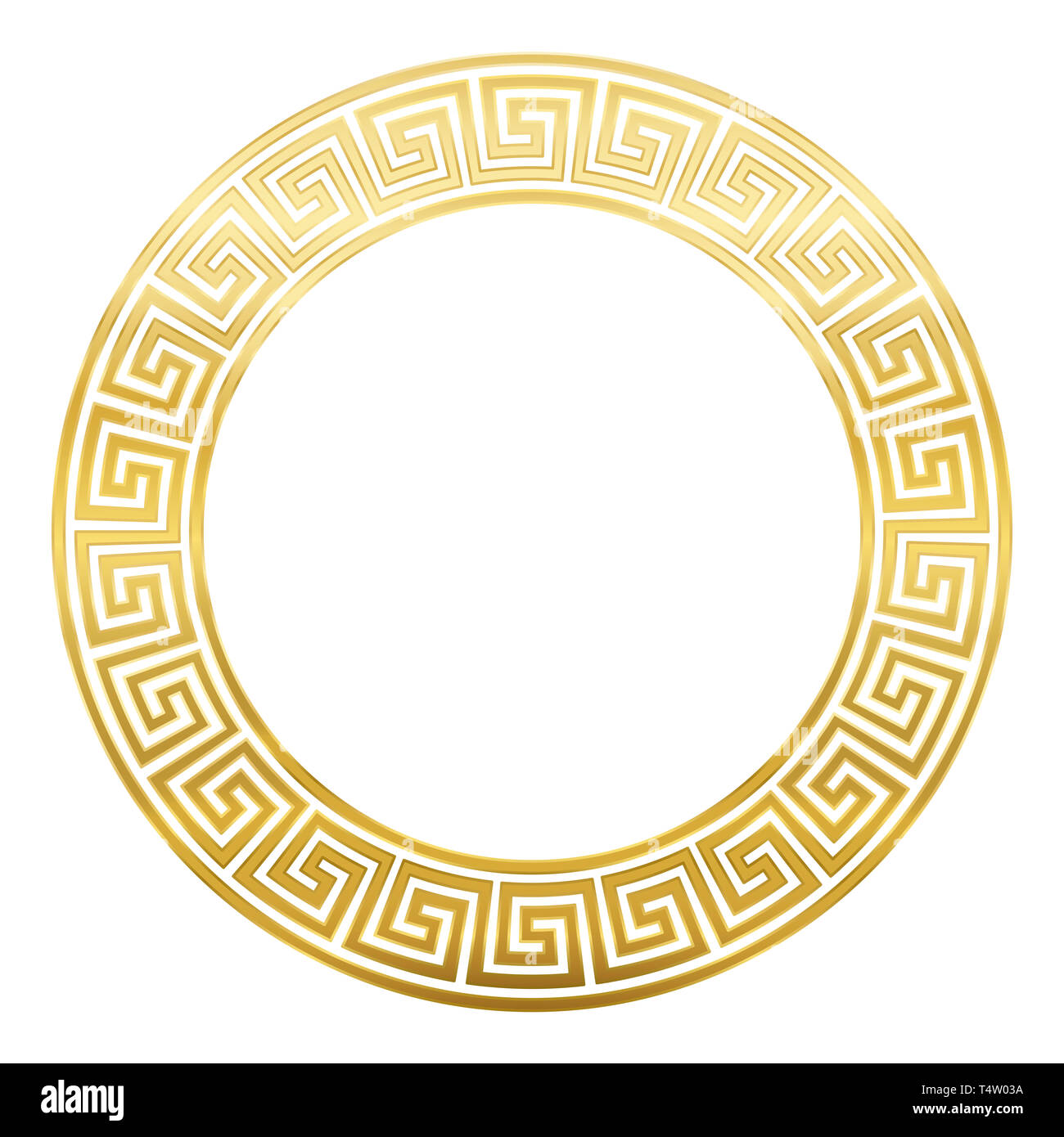 Meander design circle frame with seamless pattern. Golden Meandros, a decorative border, constructed from continuous lines. Stock Photo