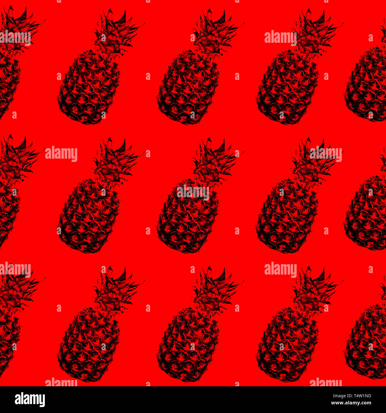 Seamless texture with black pineapple on a red background. Modern concept. Template for packaging, fabrics, wallpapers, backgrounds Stock Photo