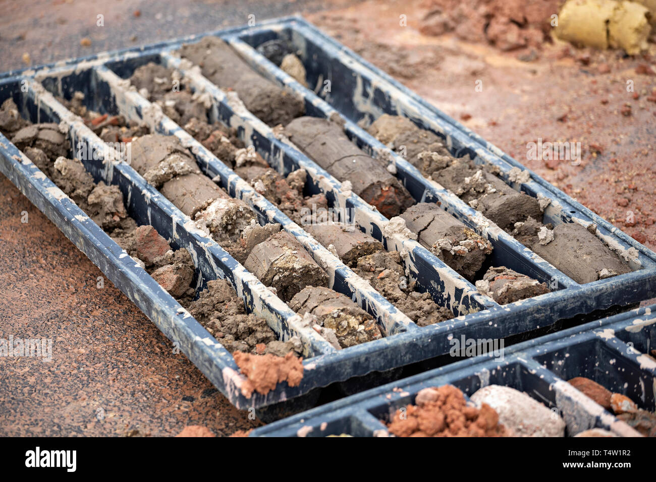 Soil samples in plastic core box. Soil boring and soil sampling for