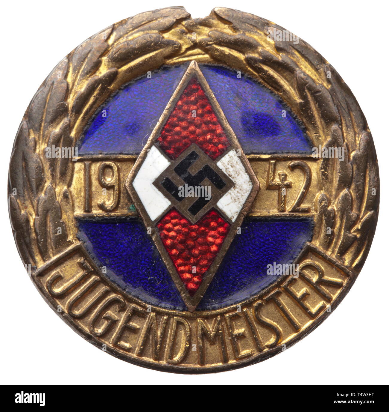A Hitler Youth Championship Badge, a Badge of the German Youth Champion 1942 in Gold, gilt and enamelled iron with reverse pin attachment (Nie 6.06.60,a). Extremely rare. historic, historical, 20th century, 1930s, League of German Girls, Band of German Maidens, youth organization, youth organizations, NS, National Socialism, Nazism, Third Reich, German Reich, Germany, National Socialist, Nazi, Nazi period, utensil, piece of equipment, utensils, object, objects, stills, clipping, clippings, cut out, cut-out, cut-outs, Editorial-Use-Only Stock Photo