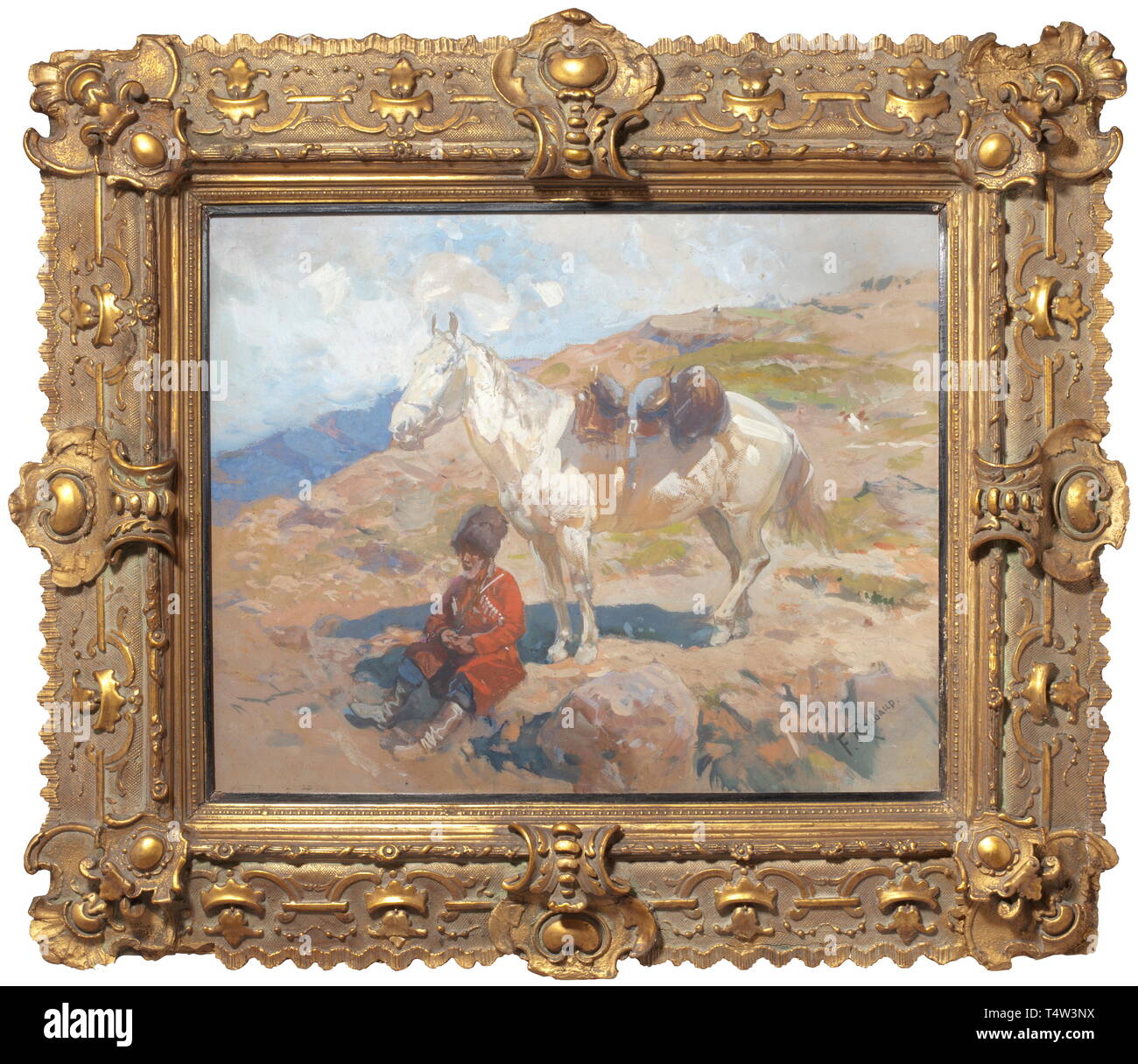 Franz Roubaud (1856 - 1928) - 'Resting Cossack'. Gouache on cardboard. Sitting Cossack with fur cap and boots in front of his saddled white horse in a mountainous landscape. Signed at lower right 'F. Roubaud'. Behind glass in a gilt, elaborate stucco frame (knocked in places). Picture dimensions 70 x 56 cm, frame dimensions 98 x 86 cm. historic, historical, 20th century, 19th century, Additional-Rights-Clearance-Info-Not-Available Stock Photo