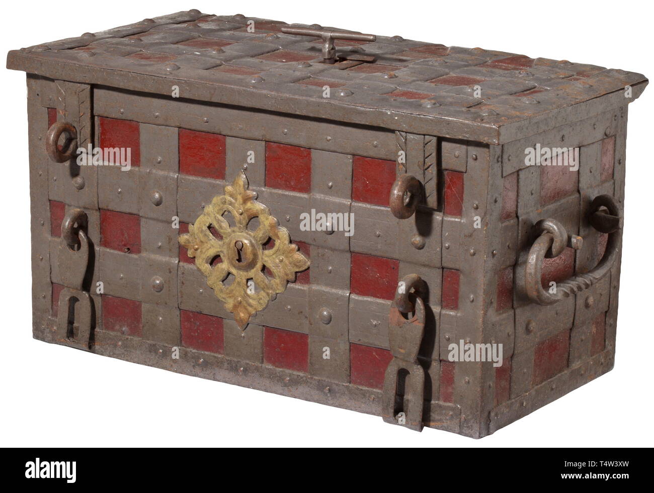 A heavy German war chest, circa 1700 Rectangular body made of sheet iron with broad, riveted reinforcement straps. The lid with a central keyhole, one false keyhole on the front side with openwork frame. Mechanism with ten latches on the inside. Richly pierced and engraved tin-plated cover. Two movable carrying handles on the sides. The key a replacement, the mechanism fully functional. Dimensions 47 x 85 x 47 cm. historic, historical, 18th century, Additional-Rights-Clearance-Info-Not-Available Stock Photo