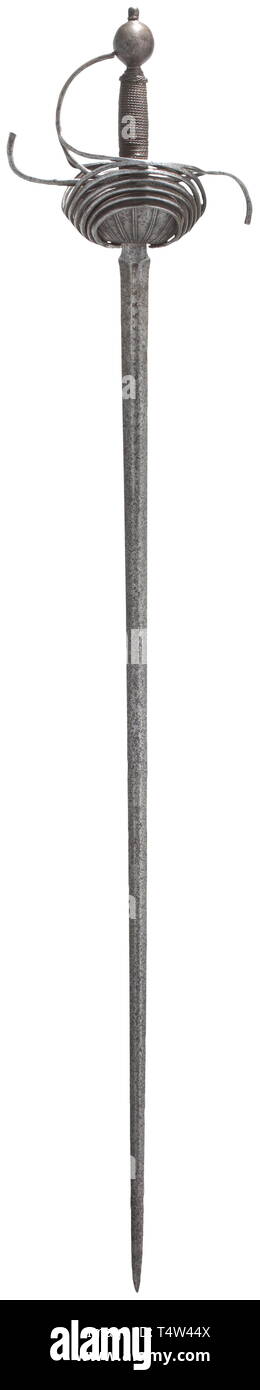 A campaign sword, Flemish or French, circa 1620 Double-edged blade of flattened hexagonal section. The top quarter with narrow fuller on both sides, struck with a series of St. Andrew's crosses. Slightly fullered ricasso, struck on both sides with an illegible inscription 'Antonio Picinio'(?). Elaborate hilt with ridged bars and shell-guards on both sides. The grip with iron wire winding and Turk's heads. Ball pommel, the top nut replaced. Length 116.5 cm. Beautifully shaped sword for field use. historic, historical, sword, swords, weapons, arms,, Additional-Rights-Clearance-Info-Not-Available Stock Photo