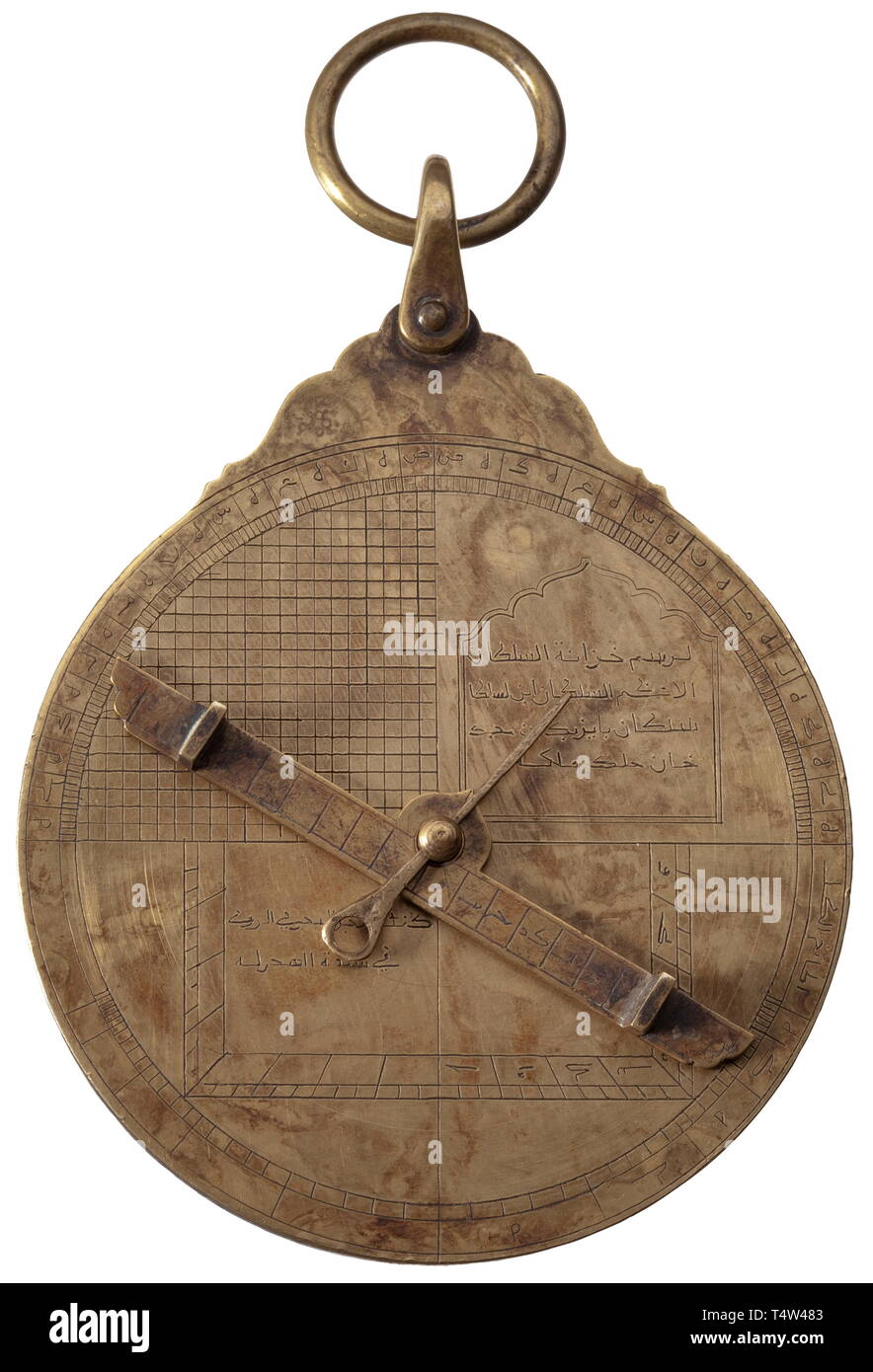 A Persian astrolabe, 18th century. Solid brass housing with engraved inscription along the front perimeter. Three finely engraved plate-shaped disks inside, one with the maker's signature. Engraved and pierced cover decorated with four silver rivets. Engraved inscriptions on the reverse with movable pin-fastened bridge. Sturdy loop with suspension ring. Superbly crafted. Height 13 cm. historic, historical, Persian, Orient, Oriental, Asia, Asian, 18th century, Additional-Rights-Clearance-Info-Not-Available Stock Photo
