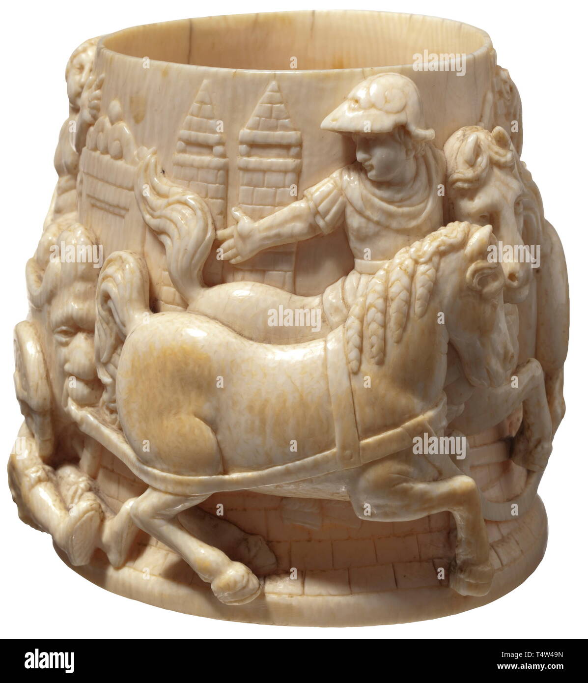 A body of a German ivory beaker, 17th century. Finely carved ivory, the exterior decorated with a continuous mythological scene in high relief. Hermes in his role as psychopomp leads Persephone, the goddess of spring, back to earth, under the wheels of her chariot her husband Hades, who abducted her to the underworld. Height 10.8 cm. Superbly crafted carving. historic, historical, handicrafts, handcraft, craft, object, objects, stills, clipping, clippings, cut out, cut-out, cut-outs, 17th century, Additional-Rights-Clearance-Info-Not-Available Stock Photo