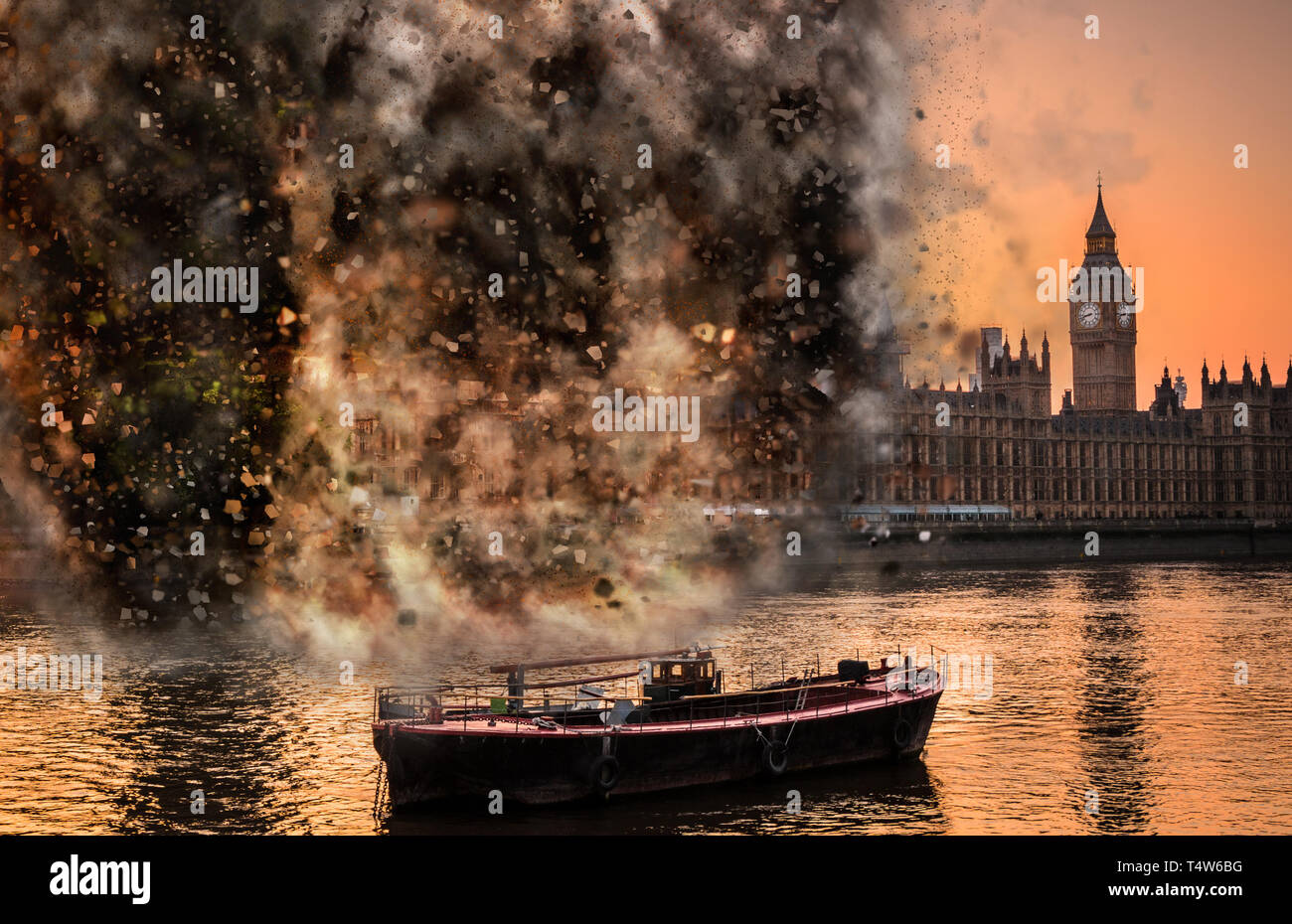 Apocalypse End of Times digital concept of explosion at Houses of Parliament, Westminster, London, UK Stock Photo