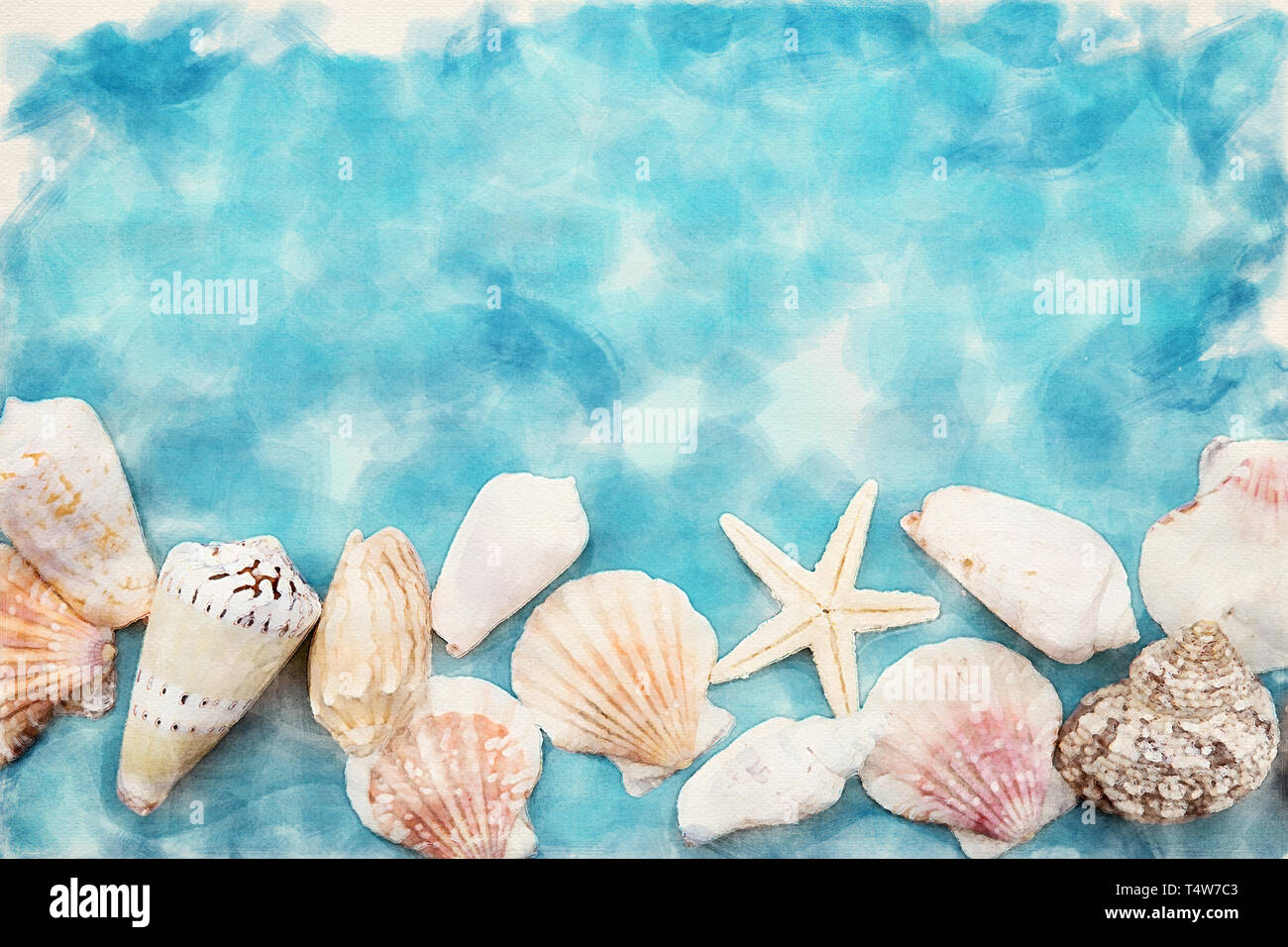 colorful seashells on blue background in watercolors Stock Photo - Alamy