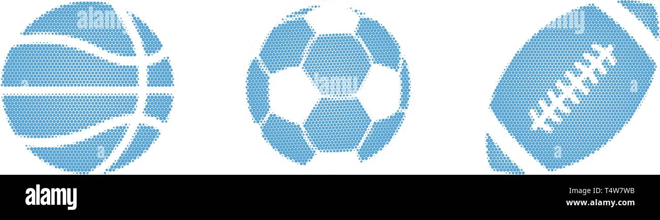 Blue halftone dotted vector illustration of a set balls for football, basketball, soccer, isolated on a white Stock Vector