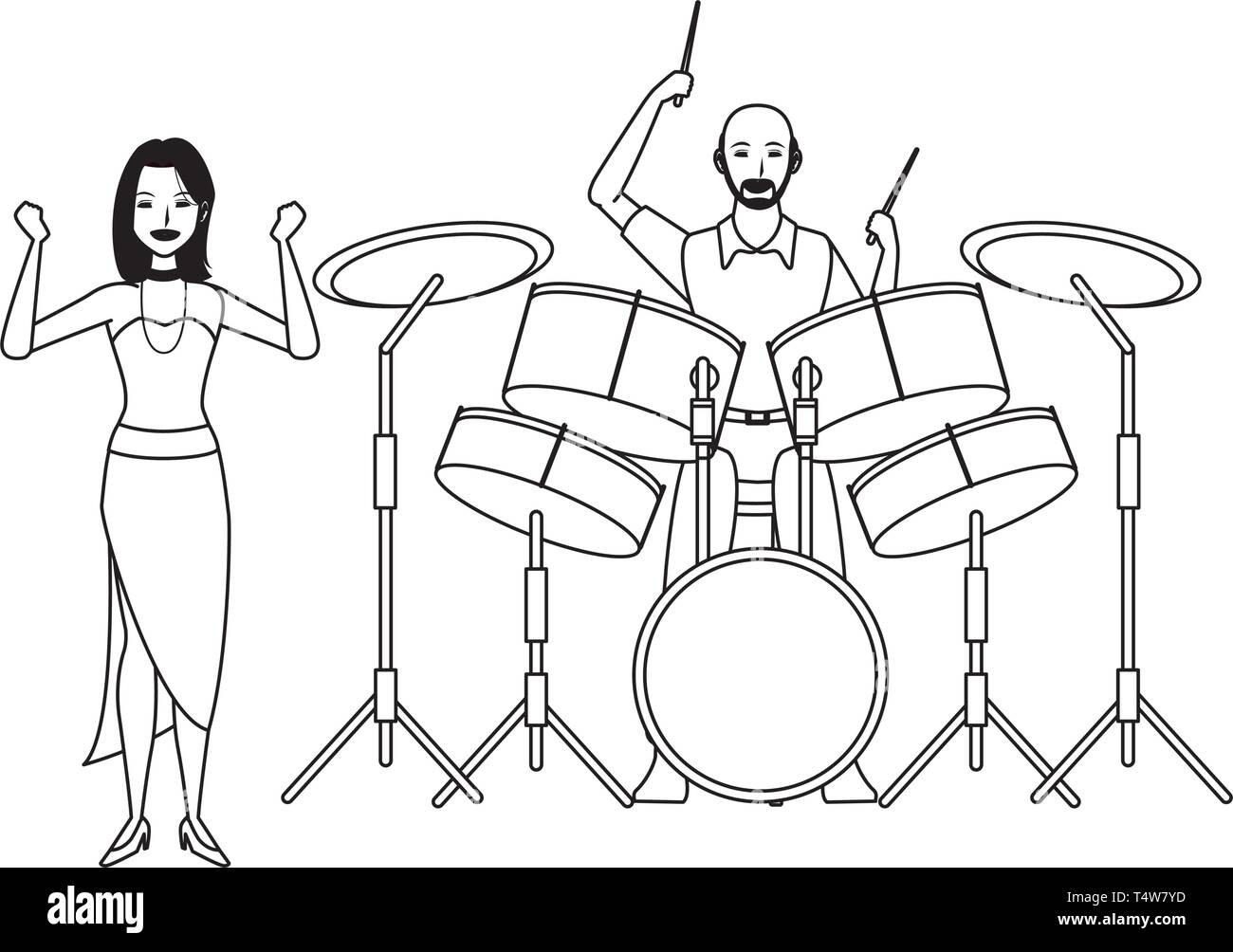 musician playing drums and dancing black and white Stock Vector Image ...