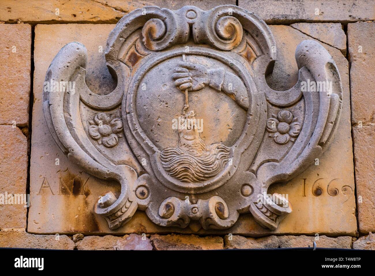 Can Amer, escudo heraldico familiar, Campos, Mallorca, balearic islands, Spain. Stock Photo
