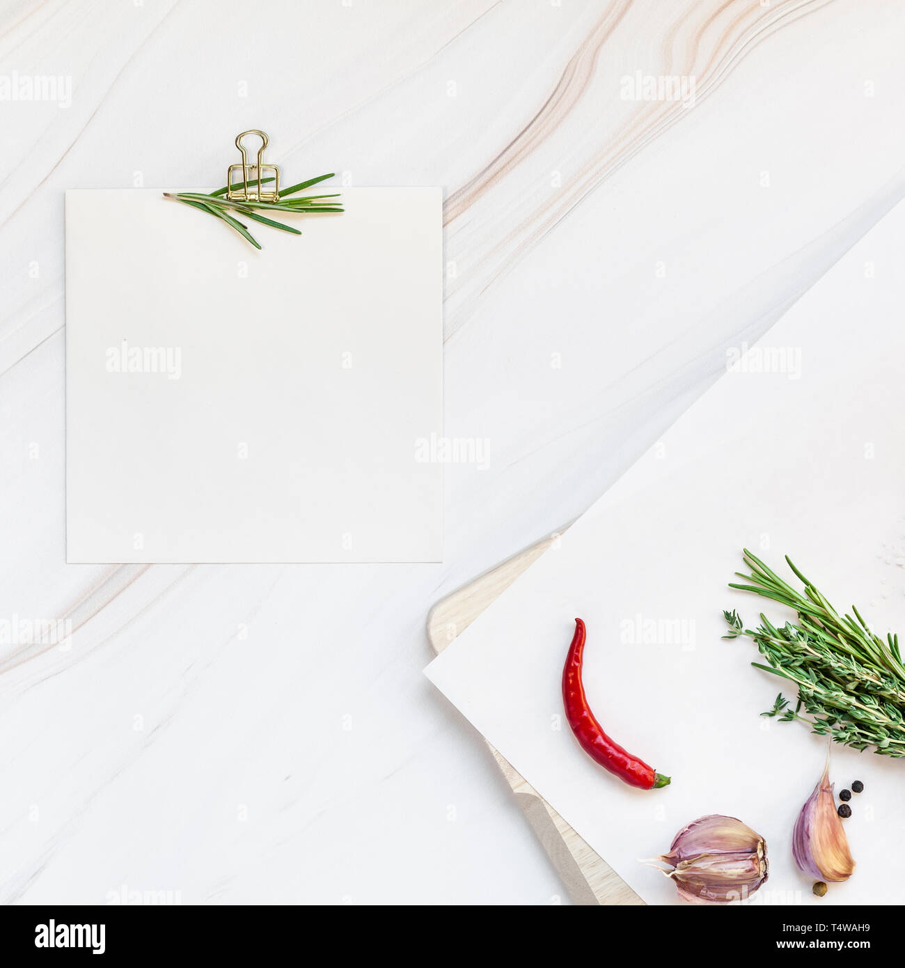 Download Flat Lay Overhead View Blank Recipe Paper Page With Clip Mockup Text Space Invitation Card On Marble Background With Greens Herbs And Spices Menu Rec Stock Photo Alamy