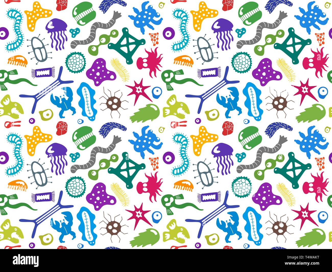 Various microorganisms seamless pattern. Backdrop with infectious germs, protists, microbes, disease causing bacteria, viruses. Biodiversity plankton. Stock Vector