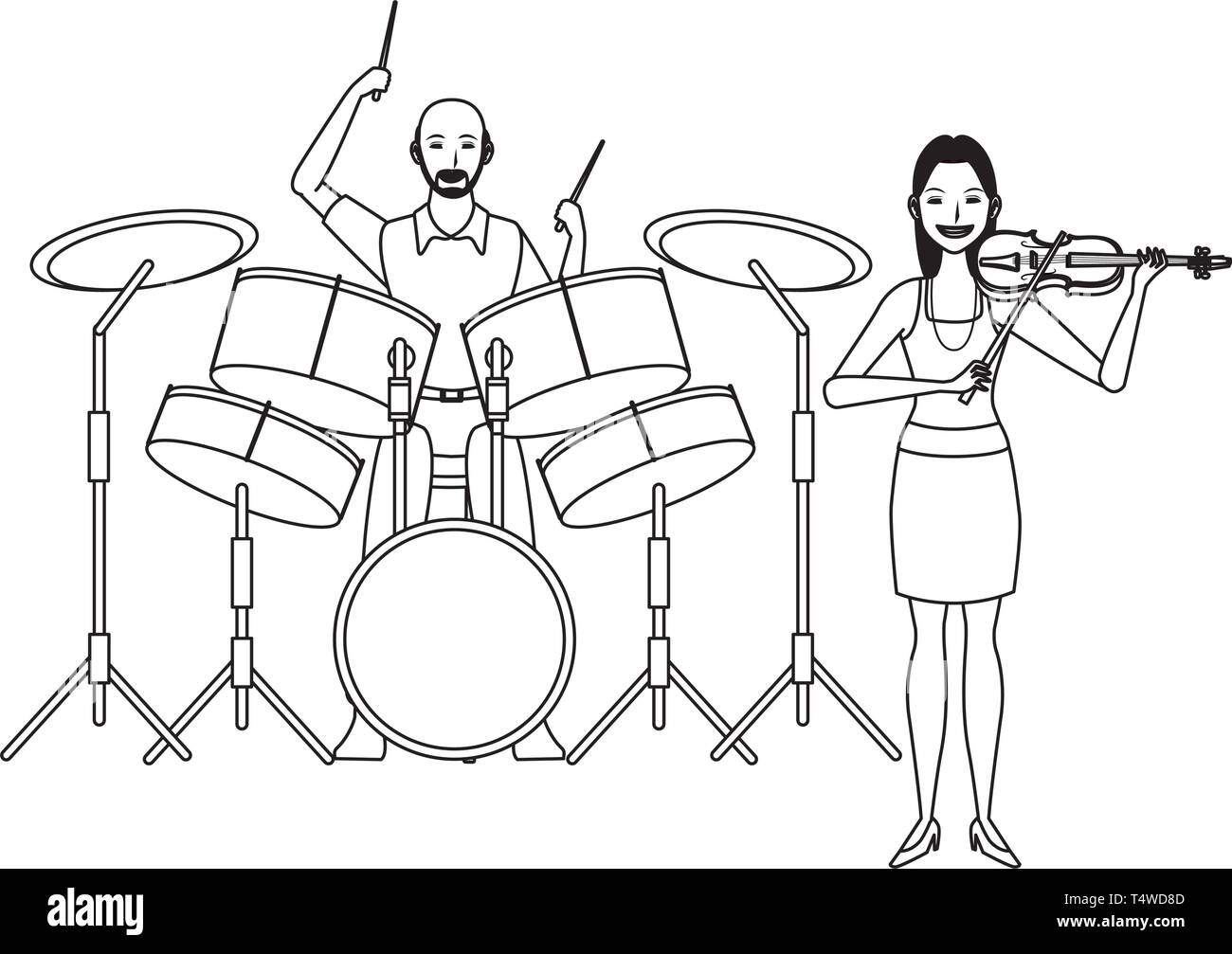 musician playing drums and violin black and white Stock Vector Image