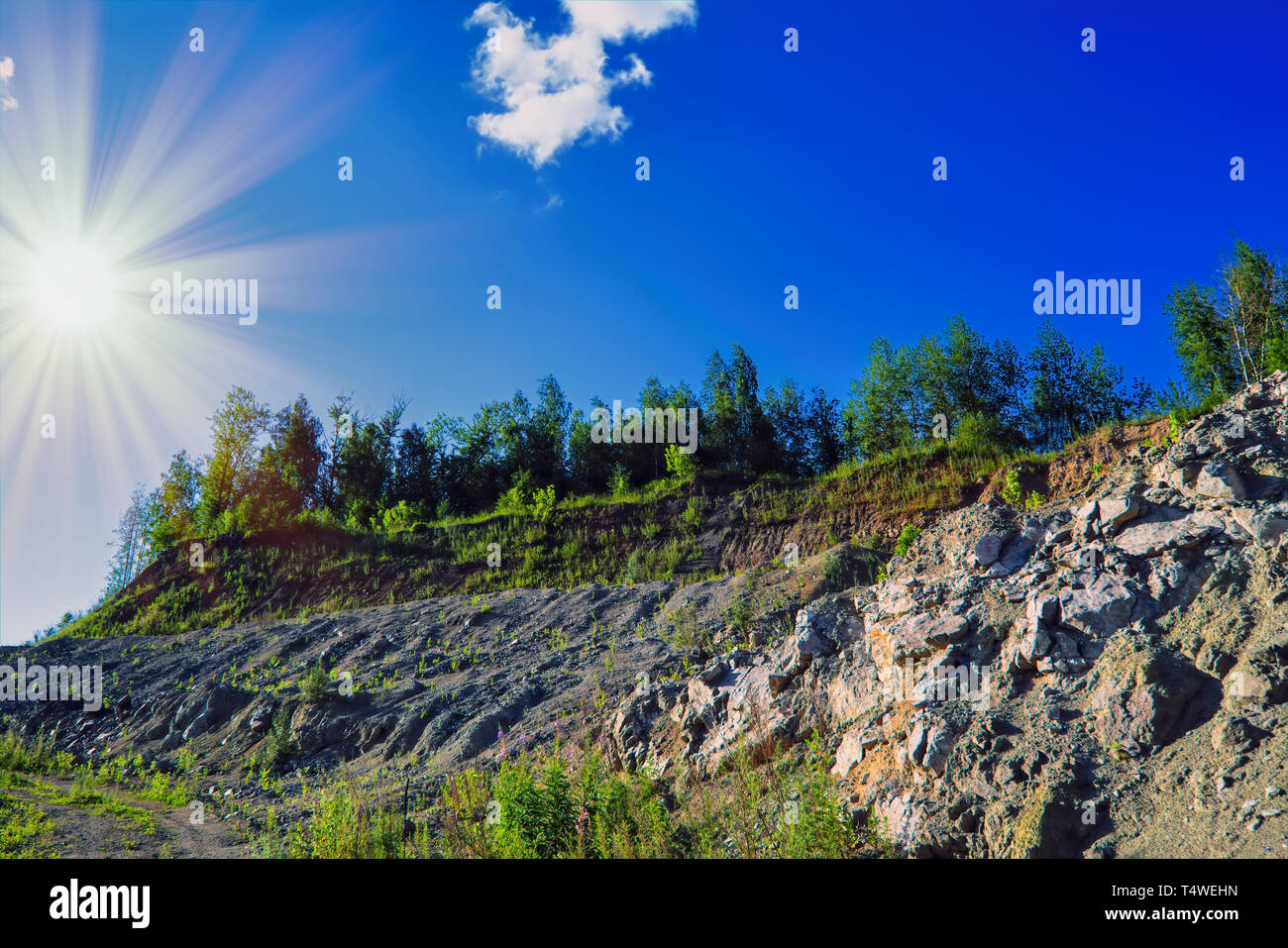 Summer landscape rocks overgrown with rare forest against the blue sky ...