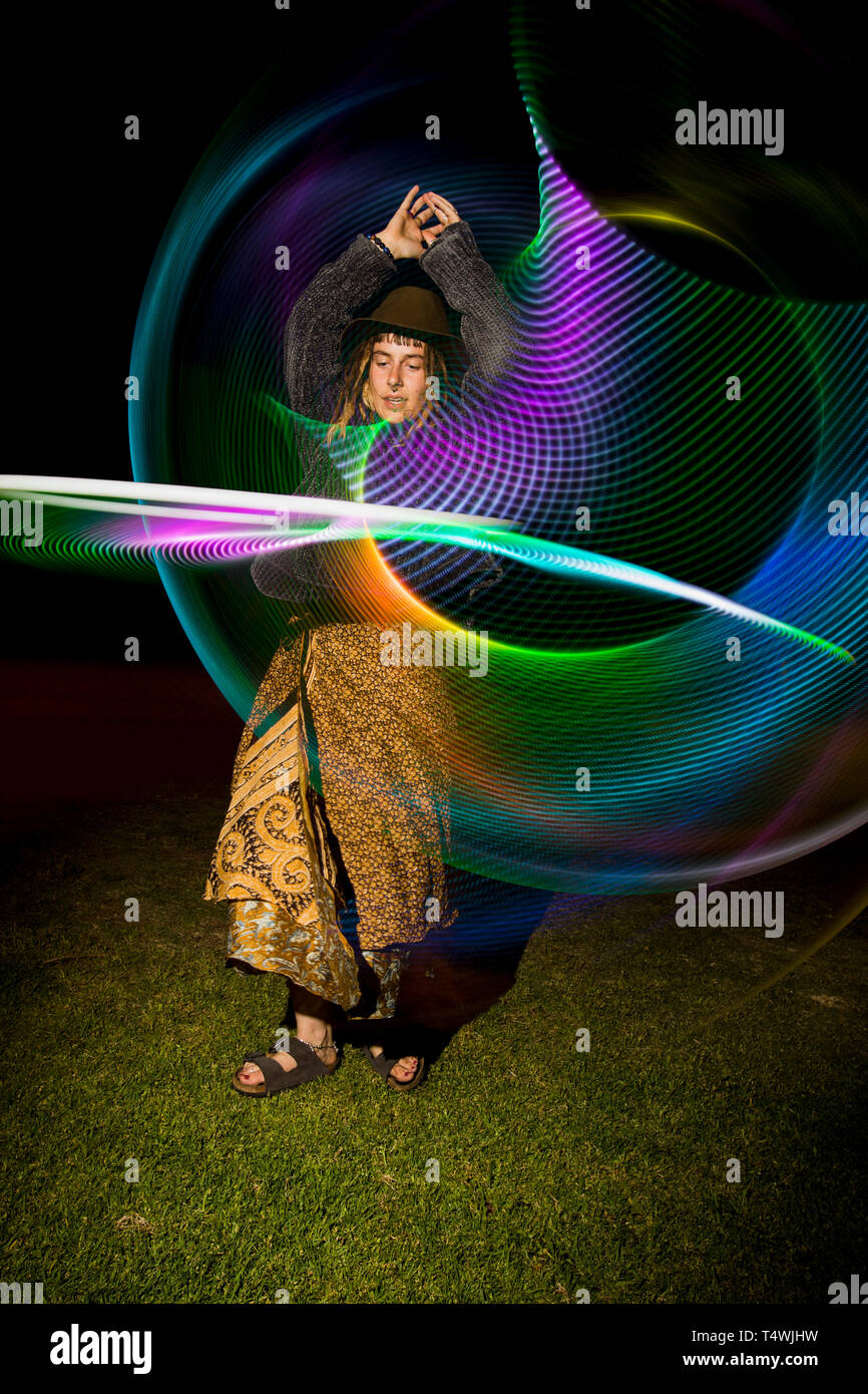 Venice Glow Flow event. Composite image.  Venice, Los Angeles, California, United States of America Stock Photo
