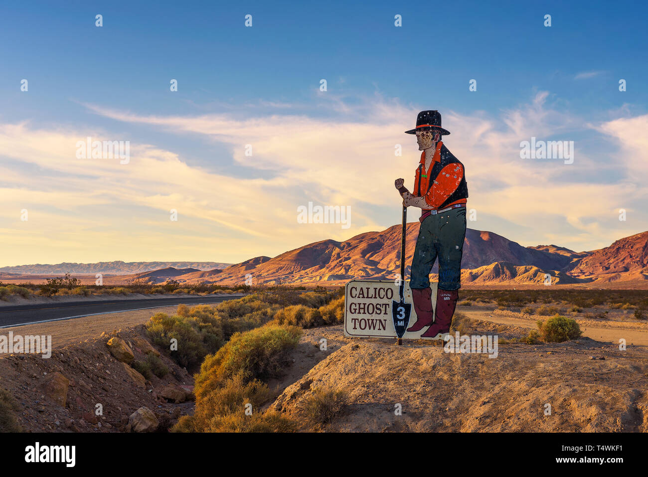 Sign of old miner along the road to Calico Ghost Town in California Stock Photo