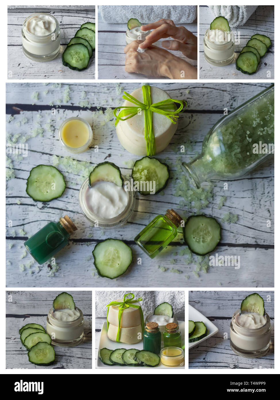 Collage of homemade cucumber spa with natural ingredients, face cream, soap and bath salts Stock Photo
