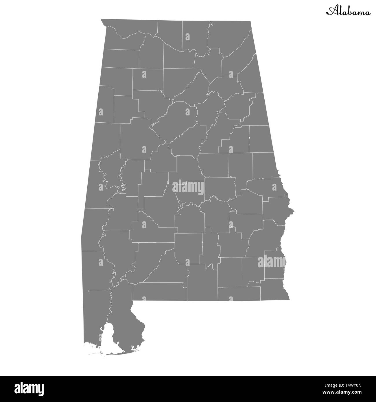 High Quality map of Alabama is a state of United States with borders of the counties Stock Vector