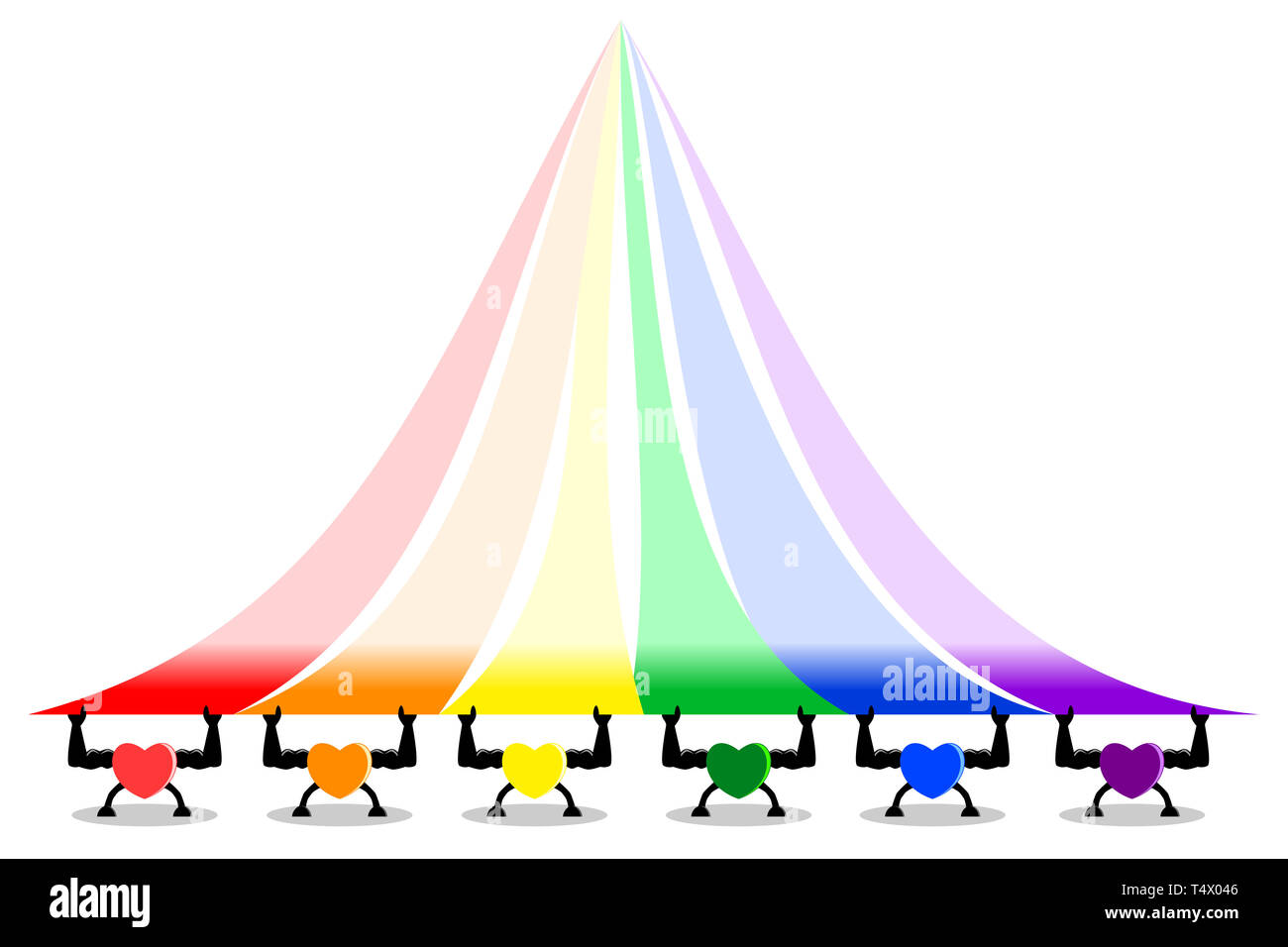 Colorful strong and healthy hearts lifting rainbow stripes, LGBT colors. Copy-space for add text is on top (light colors). Stock Photo