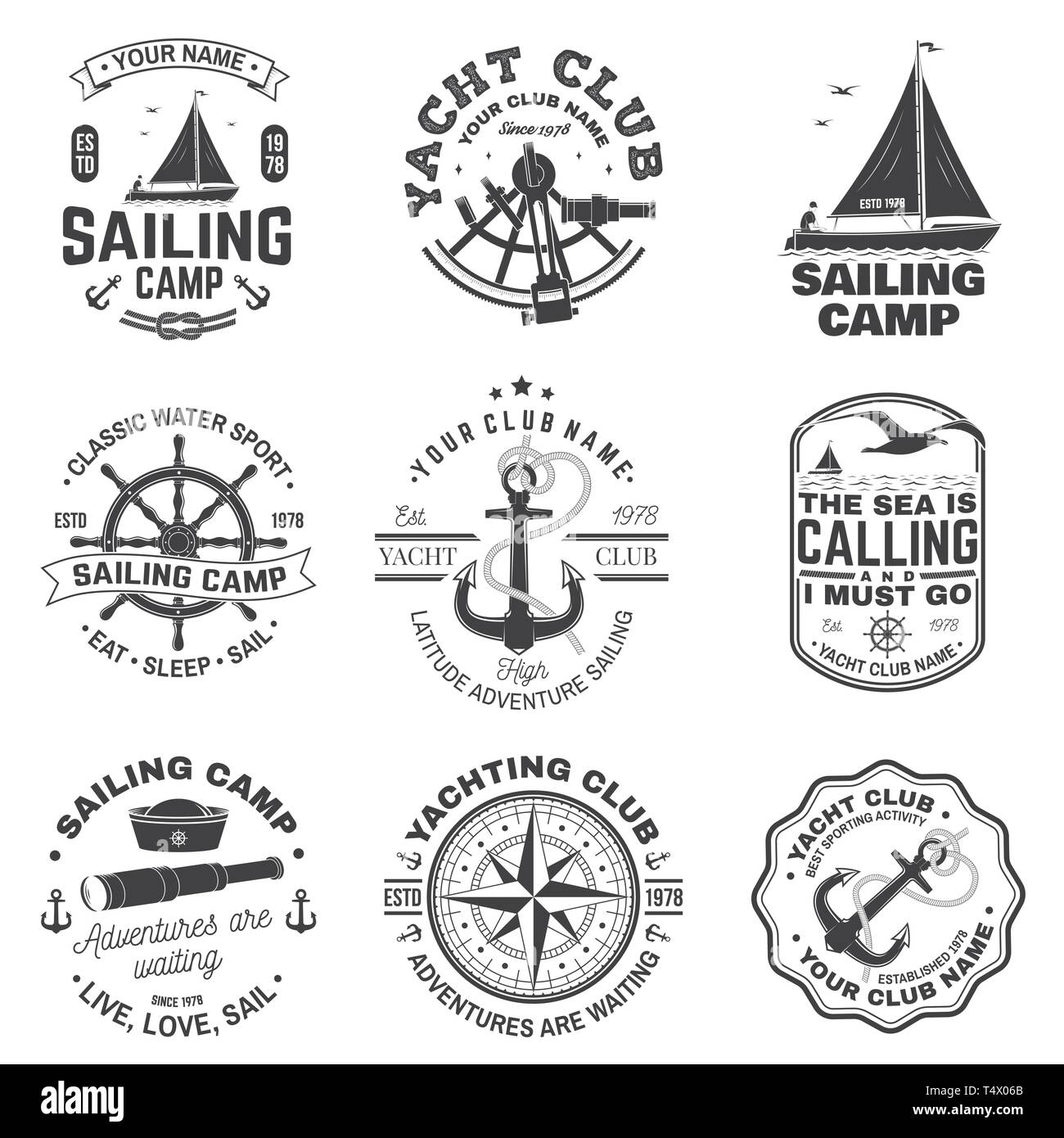 Set of sailing camp and yacht club badge. Vector. Concept for shirt, print, stamp or tee. Vintage typography design with black sea anchors, hand wheel, compass and sextant silhouette. Stock Vector
