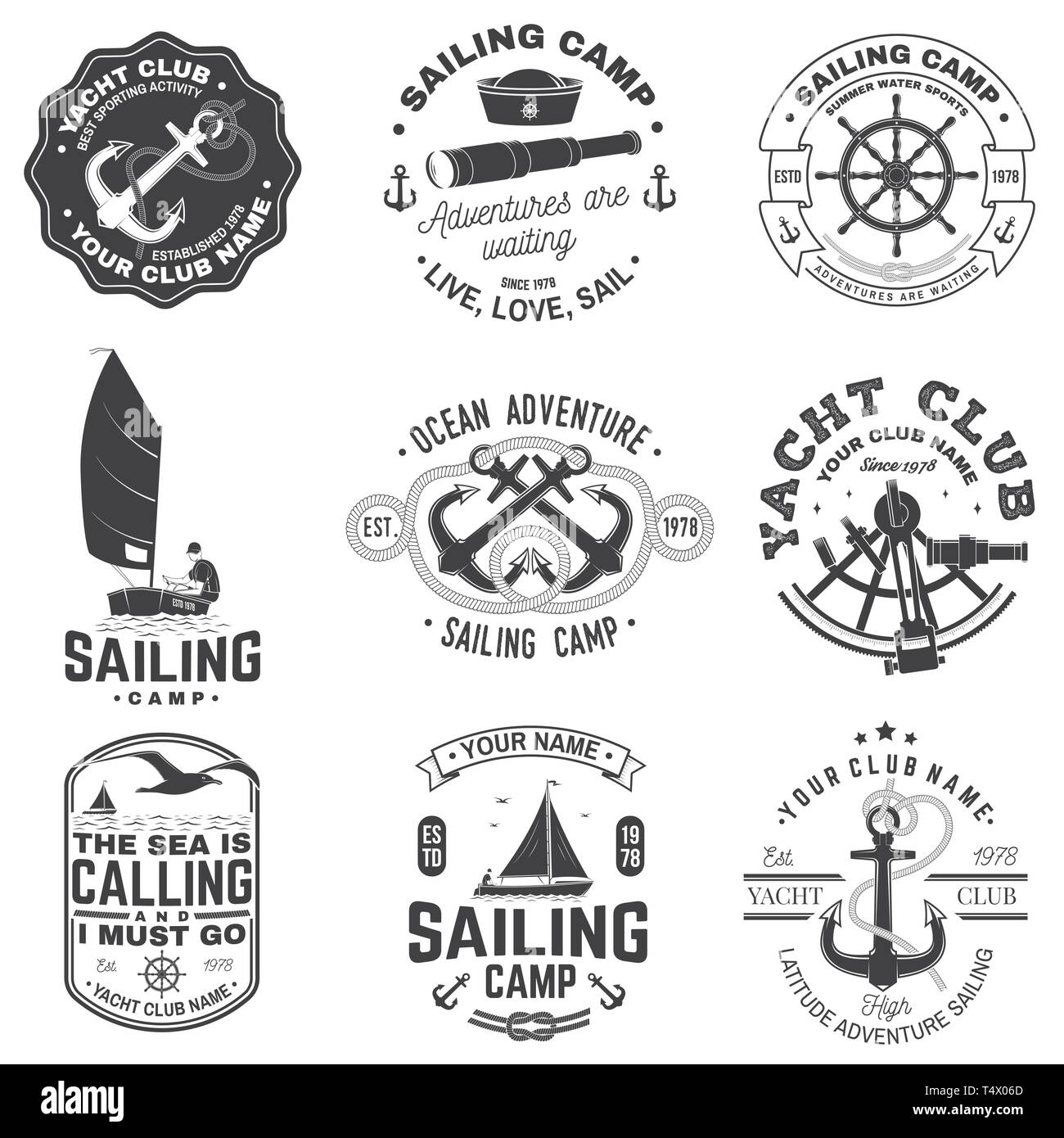 Set of sailing camp and yacht club badge. Vector. Concept for shirt, print, stamp or tee. Vintage typography design with black sea anchors, hand wheel, compass and sextant silhouette. Stock Vector