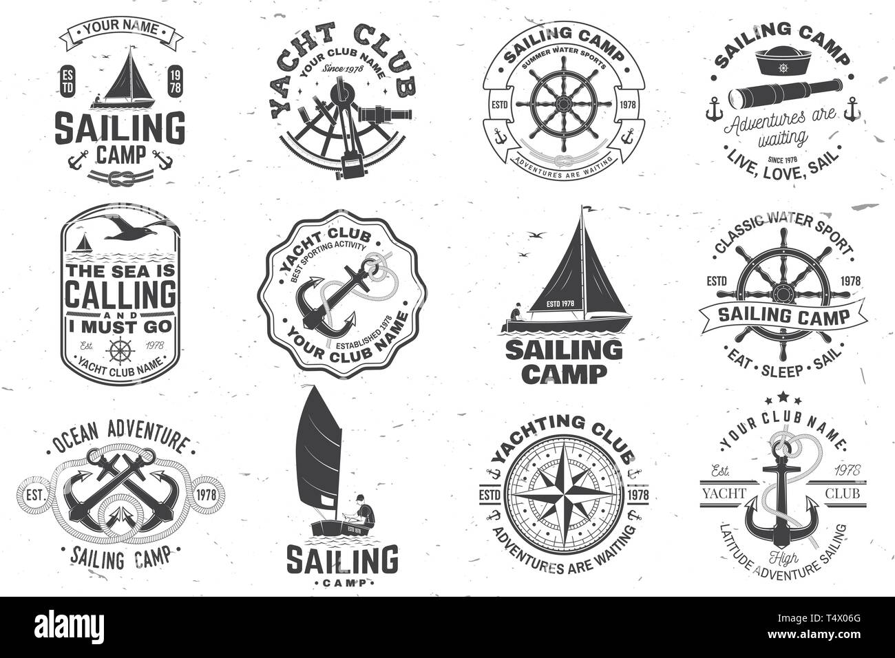 Set of sailing camp and yacht club badge. Vector. Concept for shirt, print, stamp or tee. Vintage typography design with black sea anchors, hand wheel, compass and sextant silhouette. Stock Vector