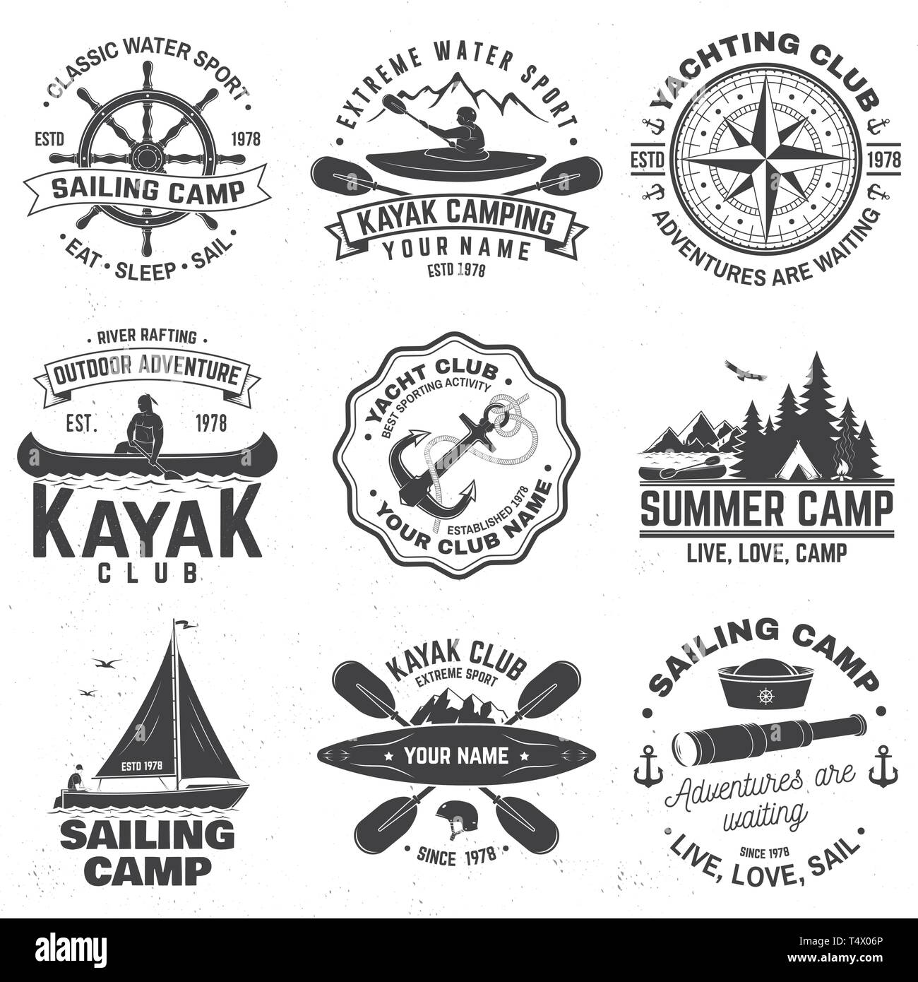 Set of sailing camp, yacht club, canoe and kayak club badges. Vector. Concept for shirt, print, stamp or tee. Vintage typography design with mountain, river, kayaker silhouette. Extreme water sport. Stock Vector