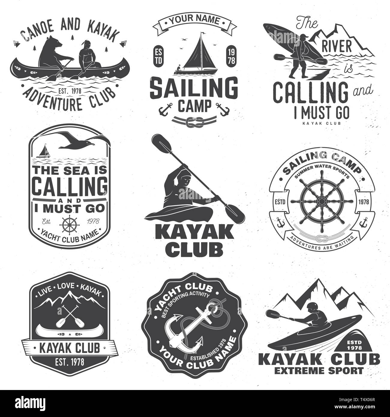 Set of sailing camp, yacht club, canoe and kayak club badges. Vector. Concept for shirt, print, stamp or tee. Vintage typography design with mountain, river, kayaker silhouette. Extreme water sport. Stock Vector