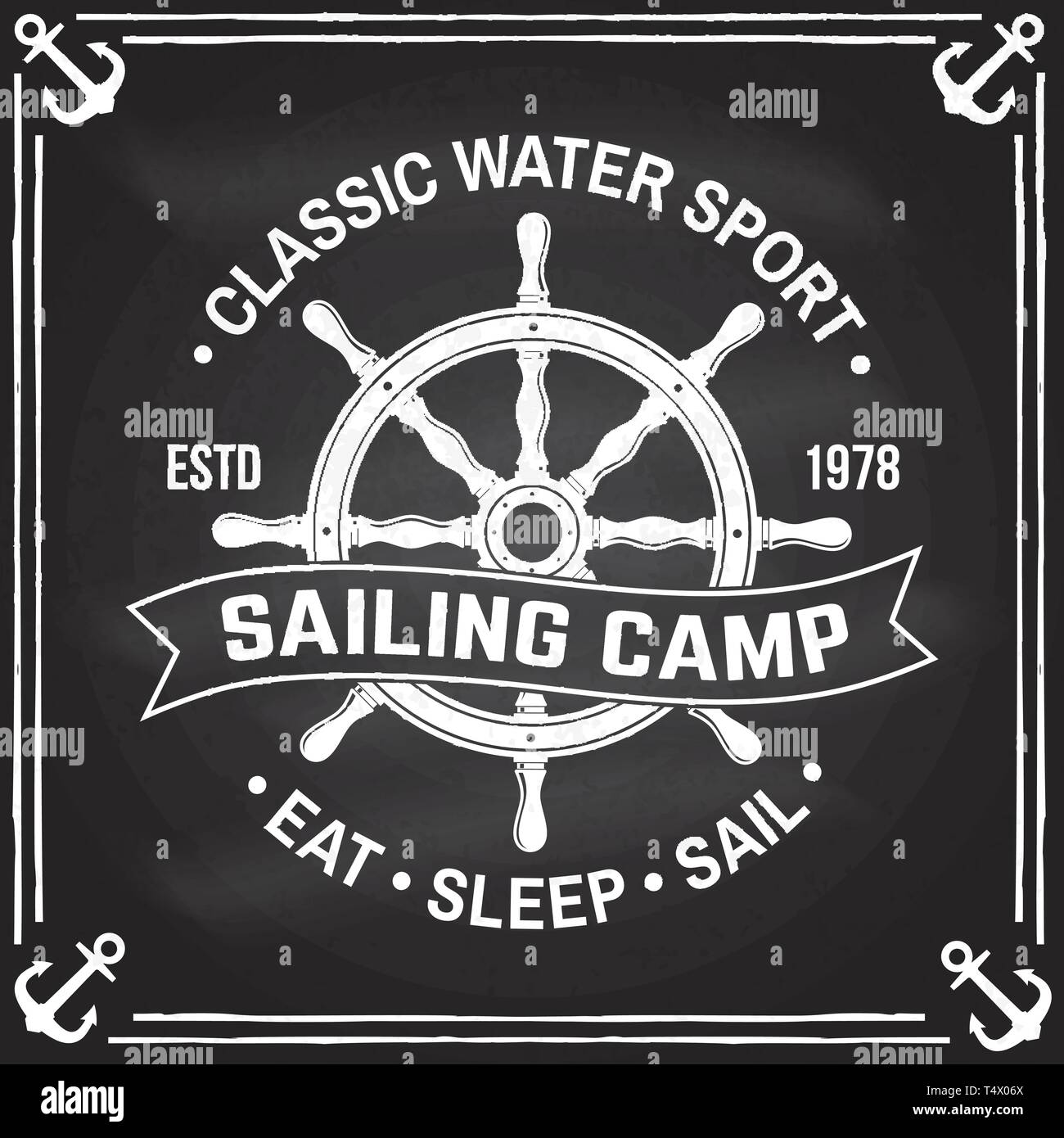 Yacht club badge. Vector illustration on the chalkboard. Concept for shirt, print, stamp or tee. Vintage typography design with black sea anchor , steering hand wheel ship and rope knot silhouette Stock Vector
