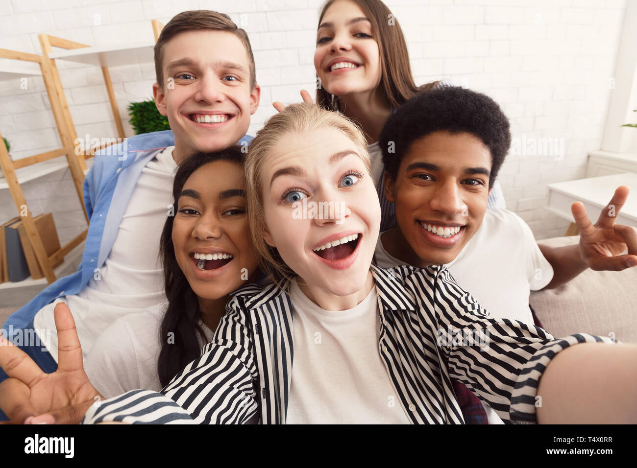 Say Cheese Excited friend #39 s selfie taken at home Stock Photo Alamy