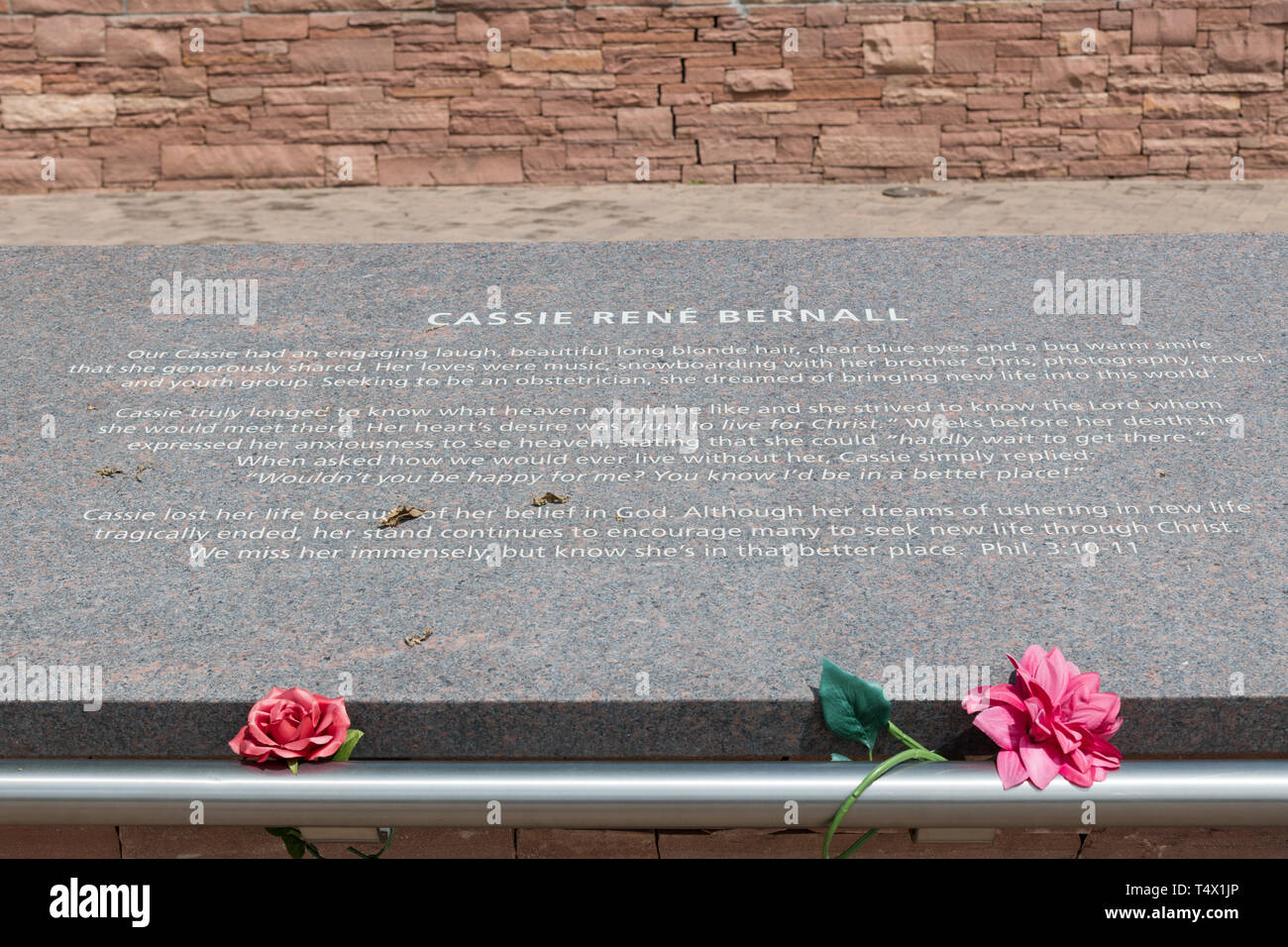Marker for Cassie Bernall at the memorial for the victims of the Columbine High School mass shooting in Columbine, Colorado. Bernall was one of the 12 students and one teacher killed on April 20, 1999 by shooters Eric Harris and Dylan Klebold, who then took their own lives. Stock Photo
