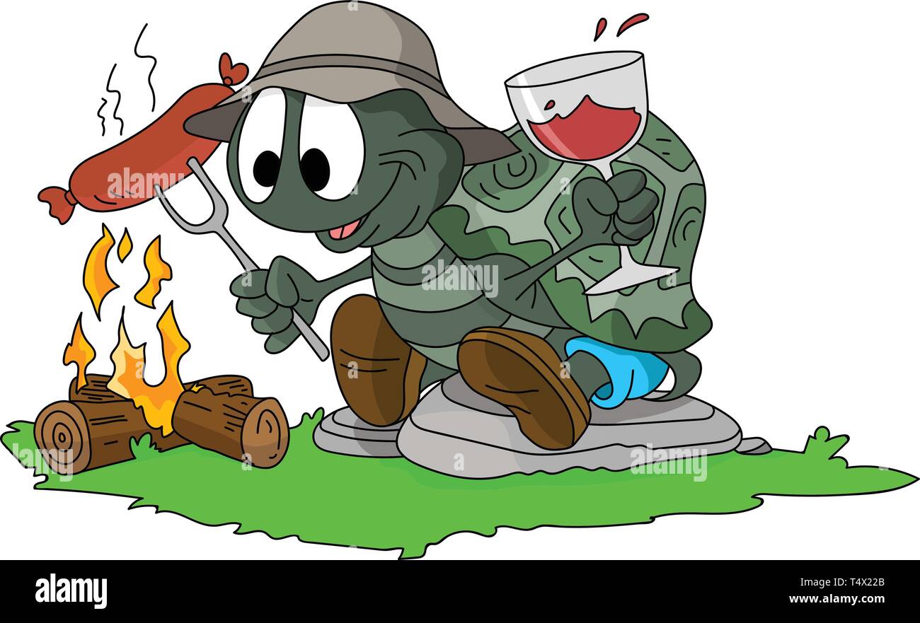 Cartoon turtle cooking sausages on fire and drinking wine in the forest, camping alone vector illustration Stock Vector