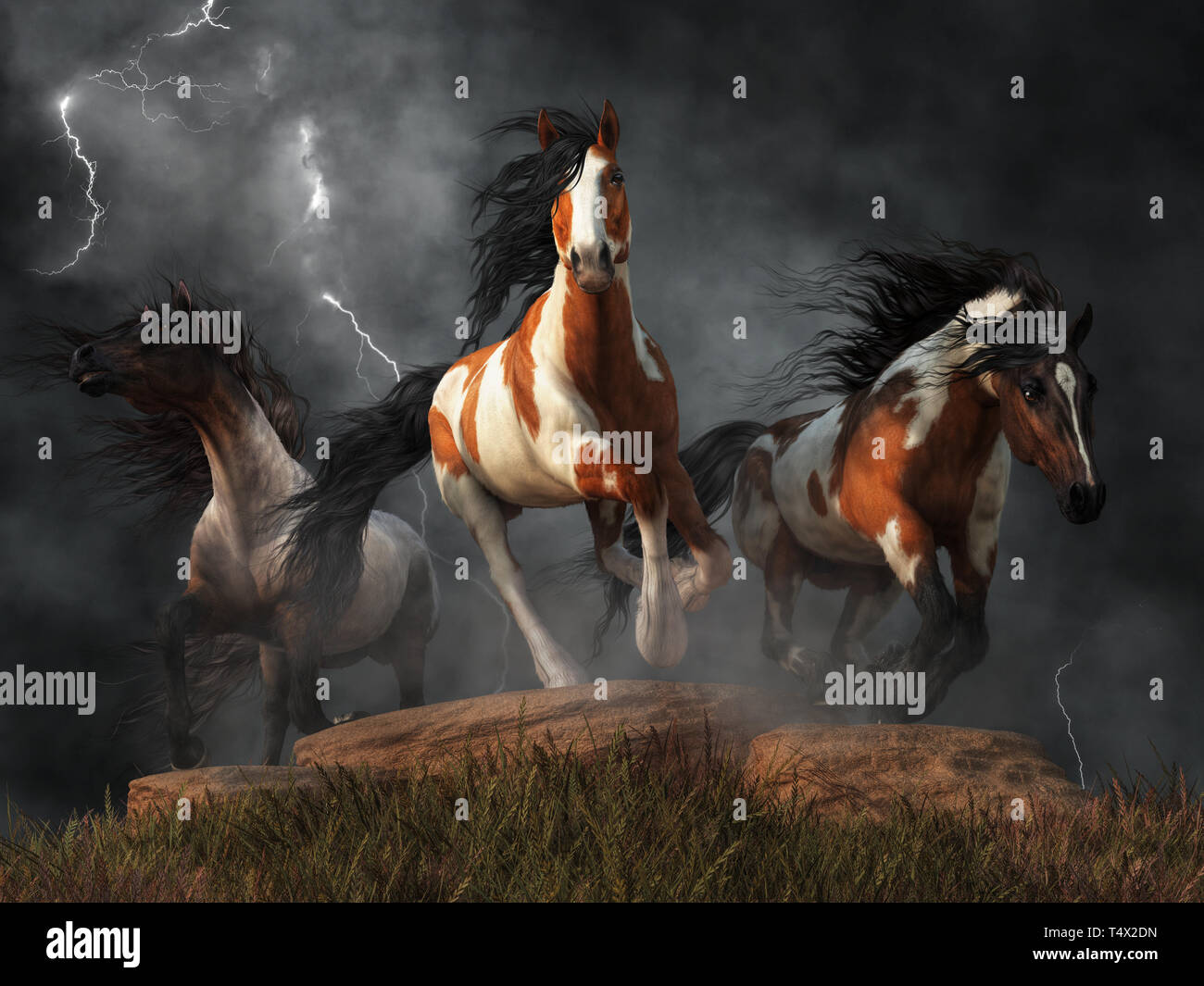 Three wild mustangs gallop through the winds of a dark storm. Lightning
