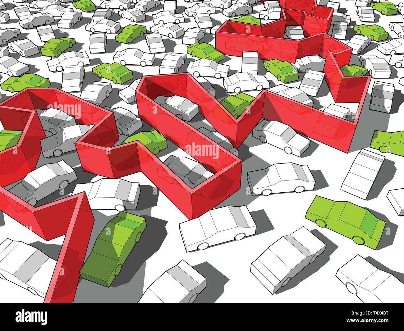 Green ecological cars standing out from others in giant traffic jam are blocked by endless wall Stock Vector