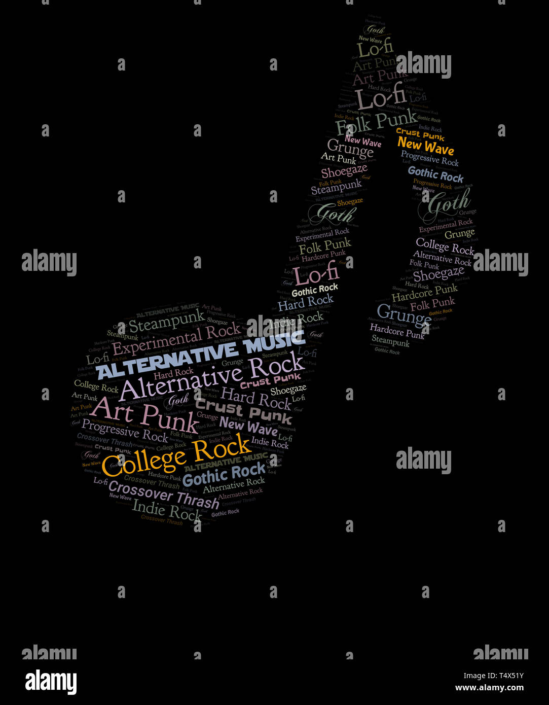 Alternative music word cloud graphic in a music note, features the sub genres of lo-fi, new wave, crust punk, grunge, art punk, Gothic rock, alternativ Stock Photo