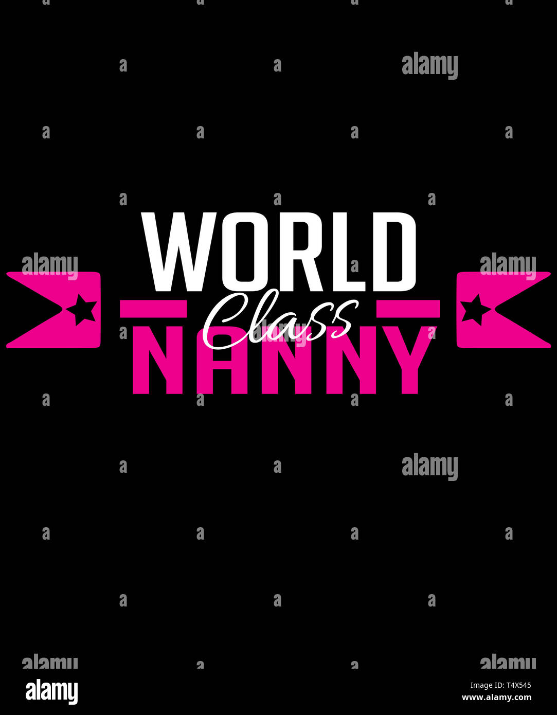 World class nanny graphic with hot pink and white text and badge arrows.  Great for professional nannies, nanny agencies and any other genre Stock Photo