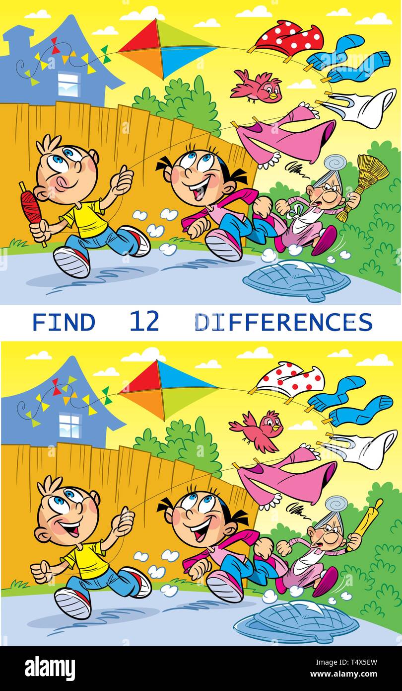 In the vector illustration puzzle, the task to find 12 differences in the pictures, where the children are naughty, running with a kite and running Stock Vector