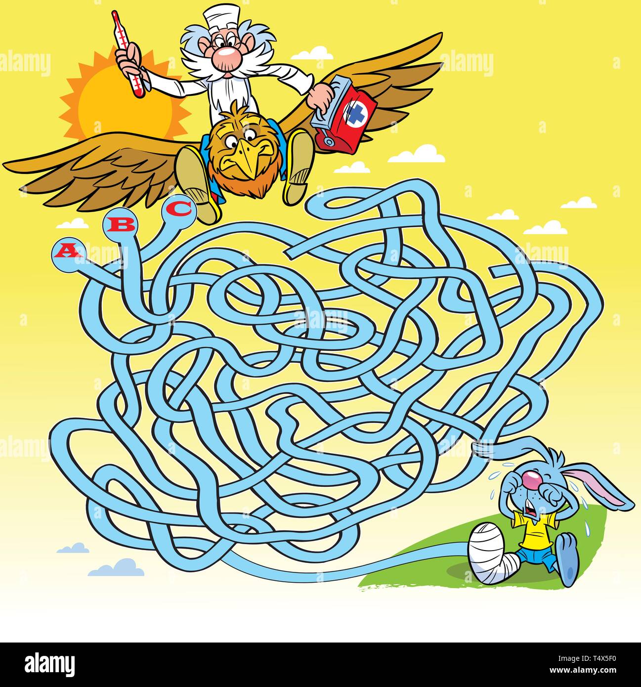 On vector illustration labyrinth, a puzzle with a cartoon doctor ...