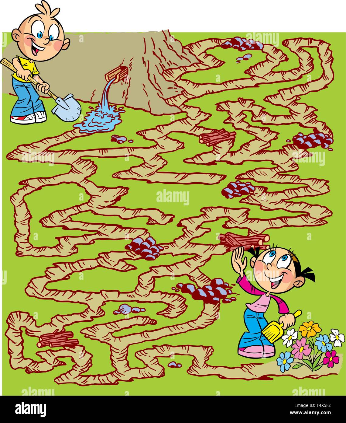 In the vector illustration, a maze puzzle with children who dig a channel for watering flowers in the garden. Stock Vector