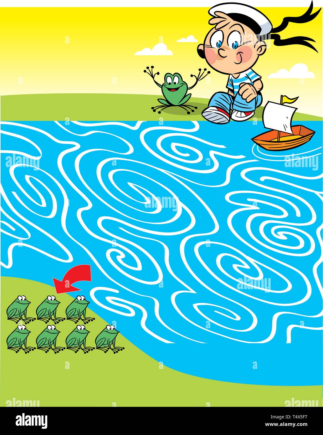 In vector illustration a puzzle, a labyrinth with a boy who to ship frogs to the other side of the pond Stock Vector