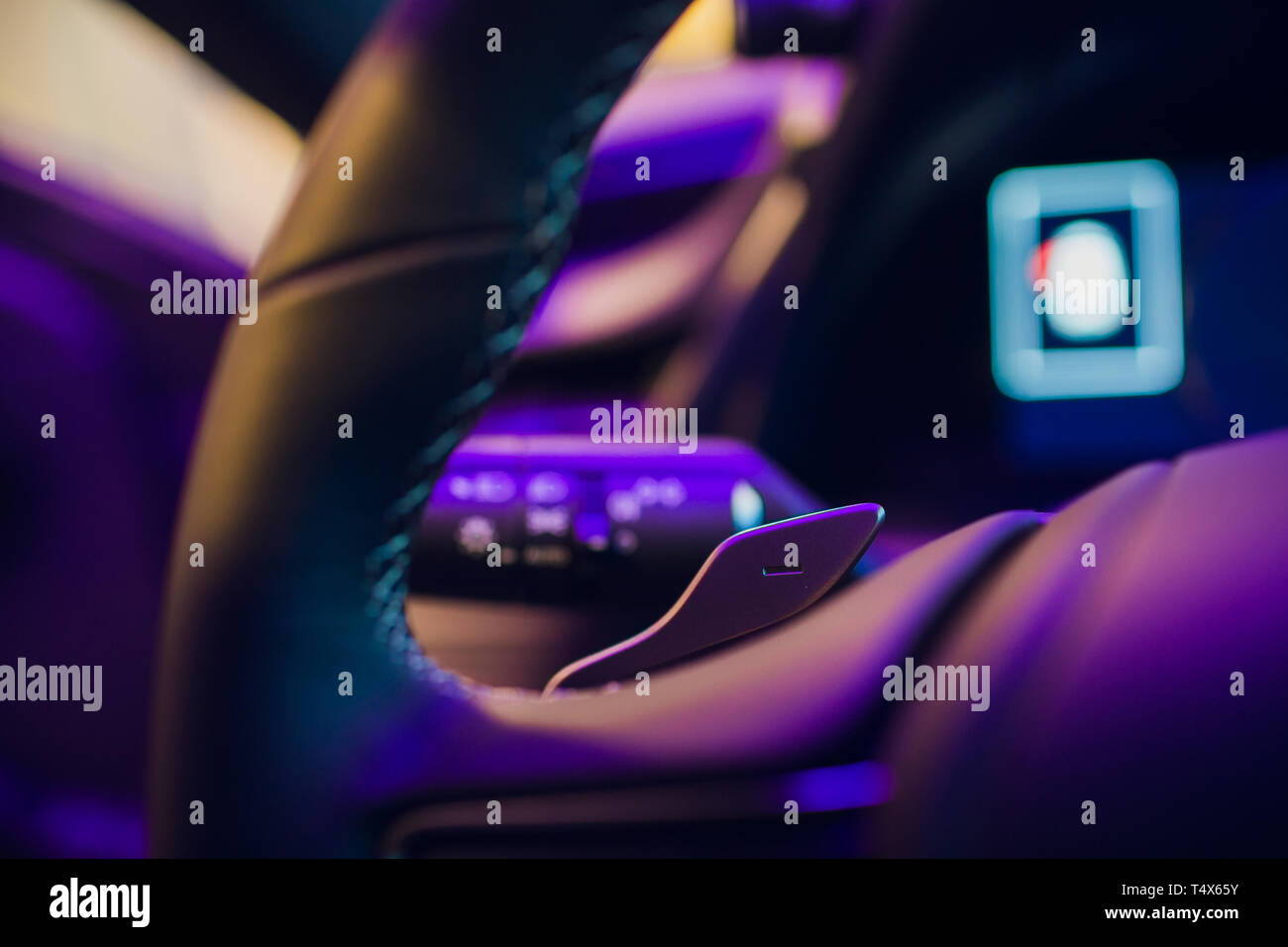 gear lever behind the steering wheel car Stock Photo Alamy