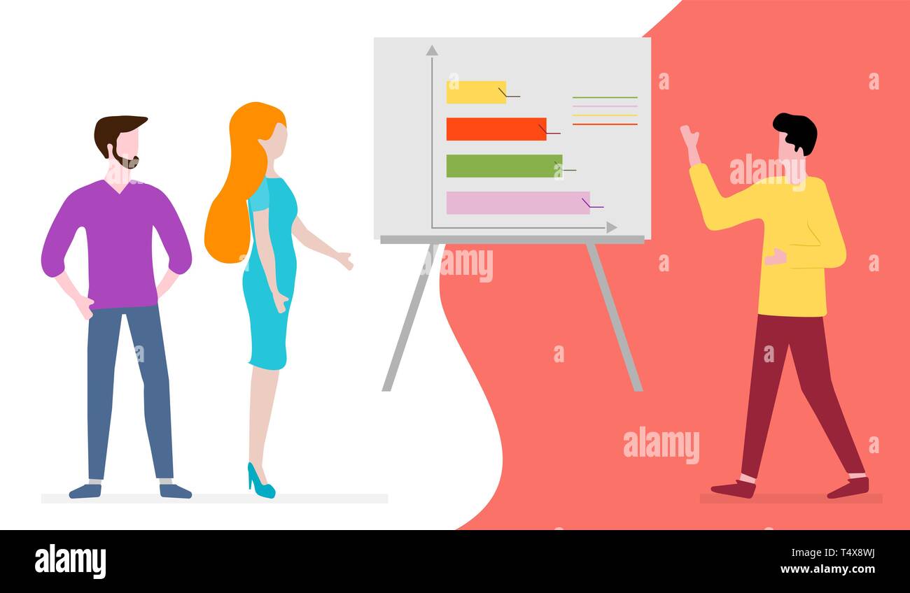 Vector illustration with people having business meeting. People discuss and make decisions background. Presentation, partnership. Brainstorming concep Stock Vector