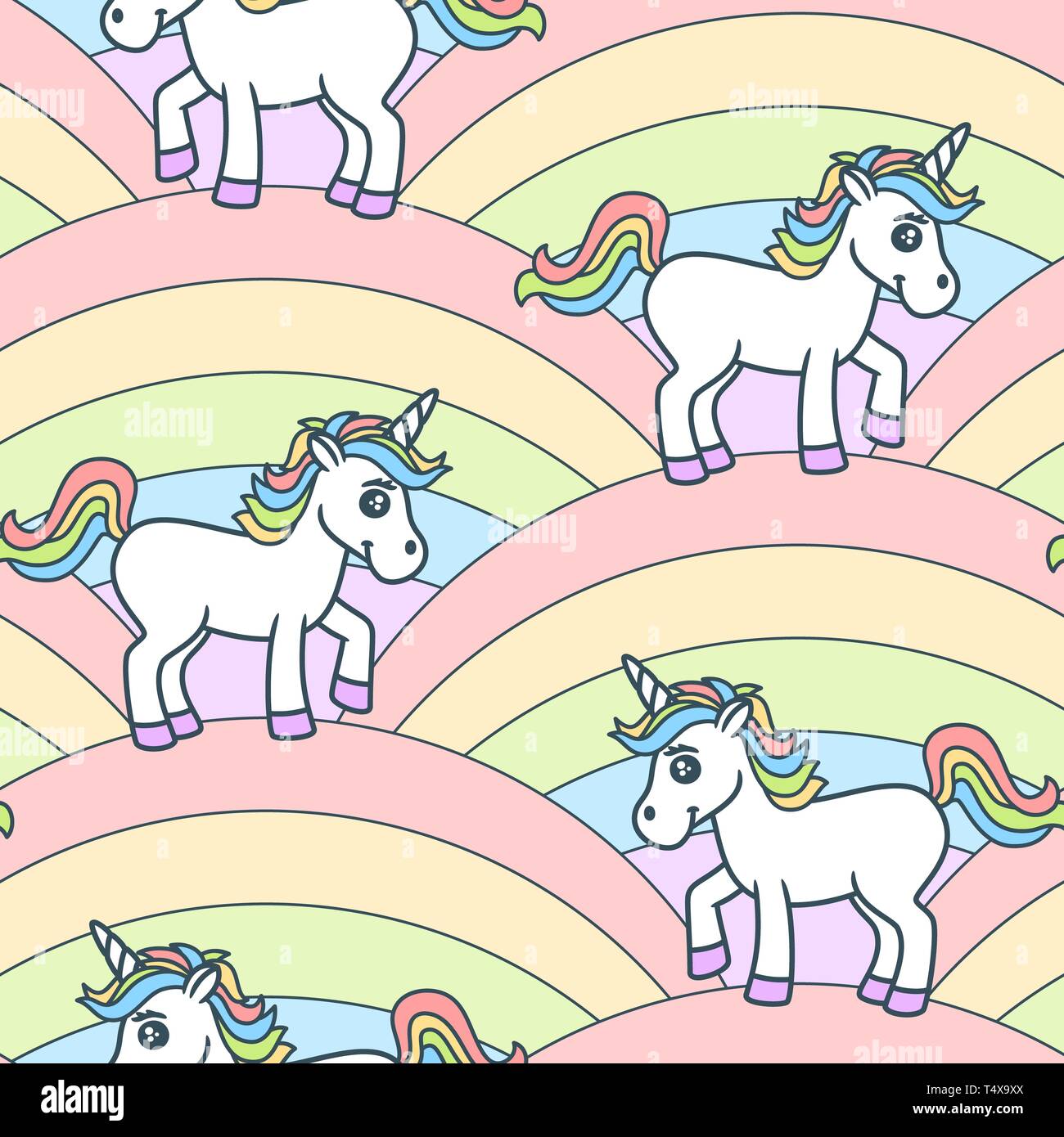 Seamless funny pattern with cute fantasy unicorns on rainbows Stock ...