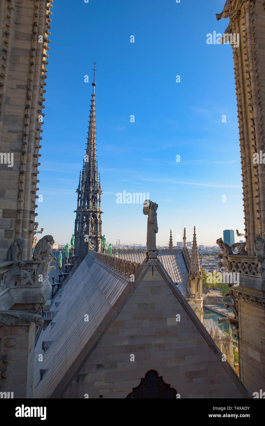 View of the Gargoyles and the center tower from the top of Notre Dame Cathedral in Paris, France Stock Photo