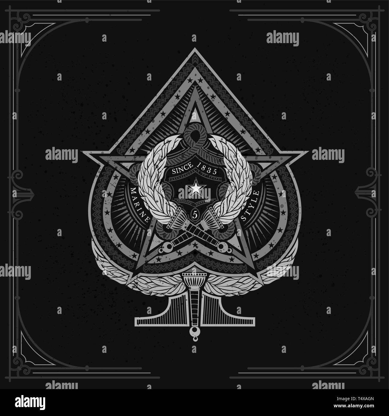 Ace of spades with big star in centre and two torch cross inside on