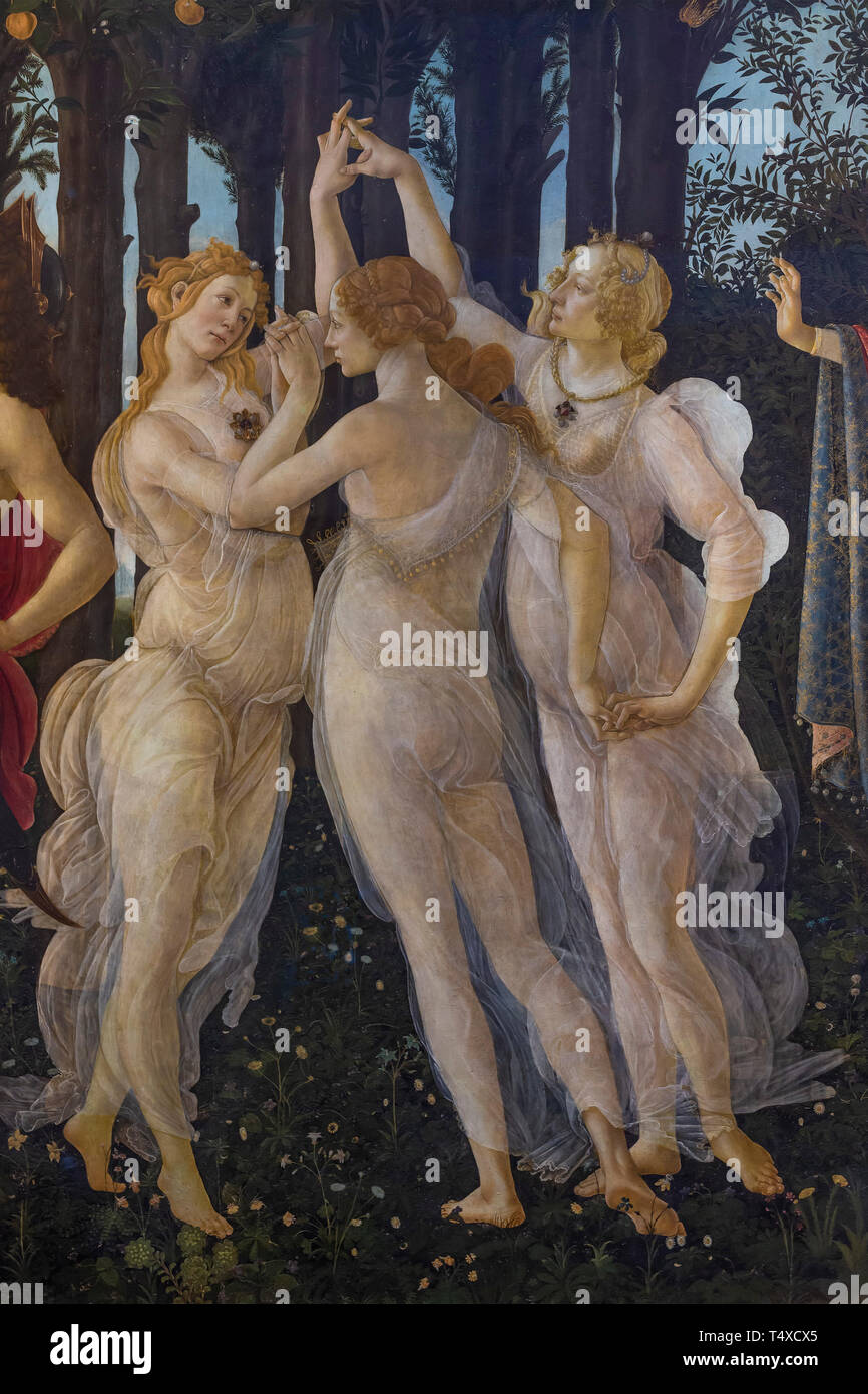 The Three Graces, Primavera, Spring, detail, Sandro Botticelli, circa 1482, Galleria degli Uffizi, Uffizi Gallery, Florence, Tuscany, Italy Stock Photo