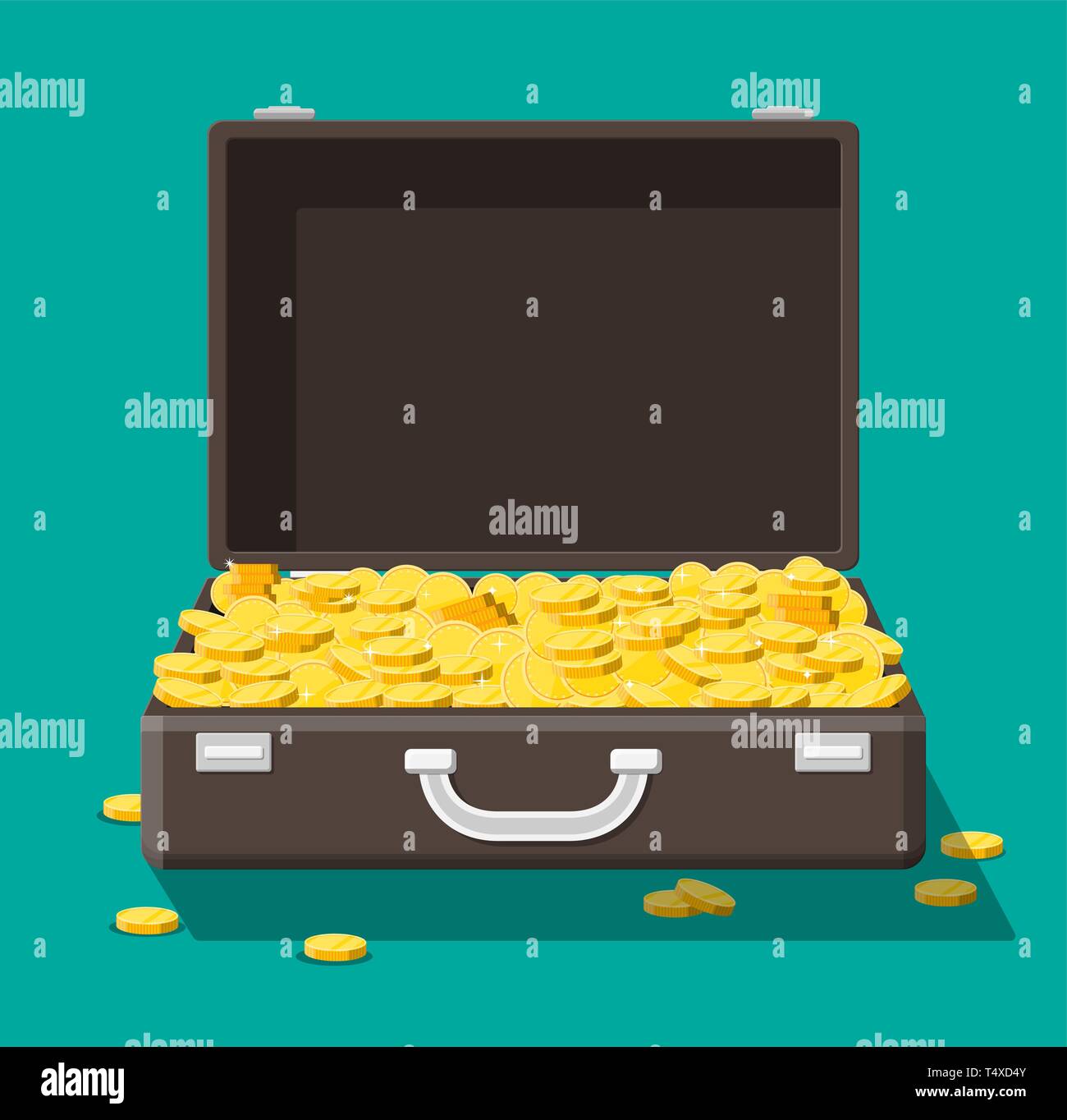 Open leather suitcase full of money. Stacks of gold coins in case