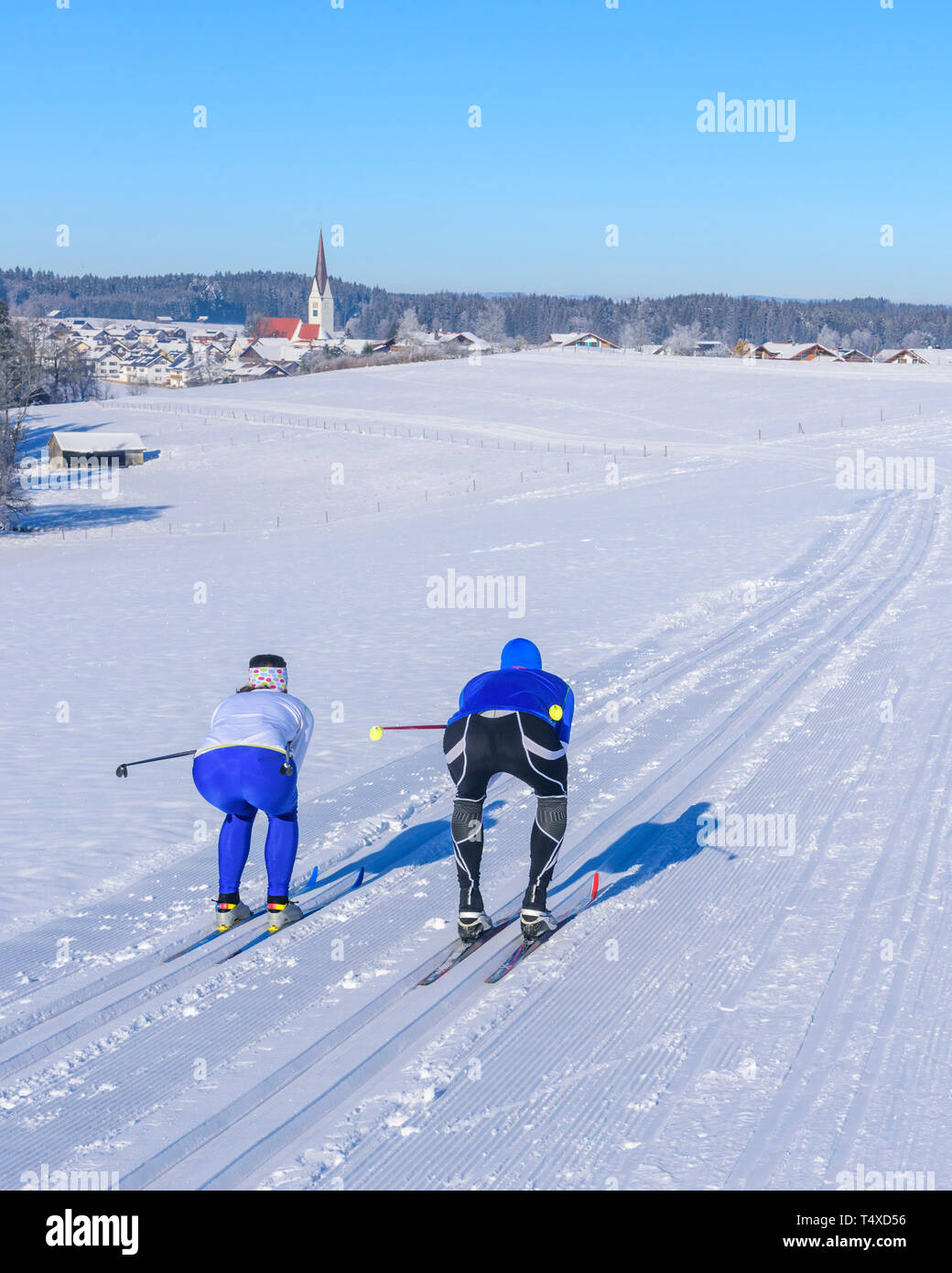 Crosscountry skiiers in downhill position Stock Photo Alamy