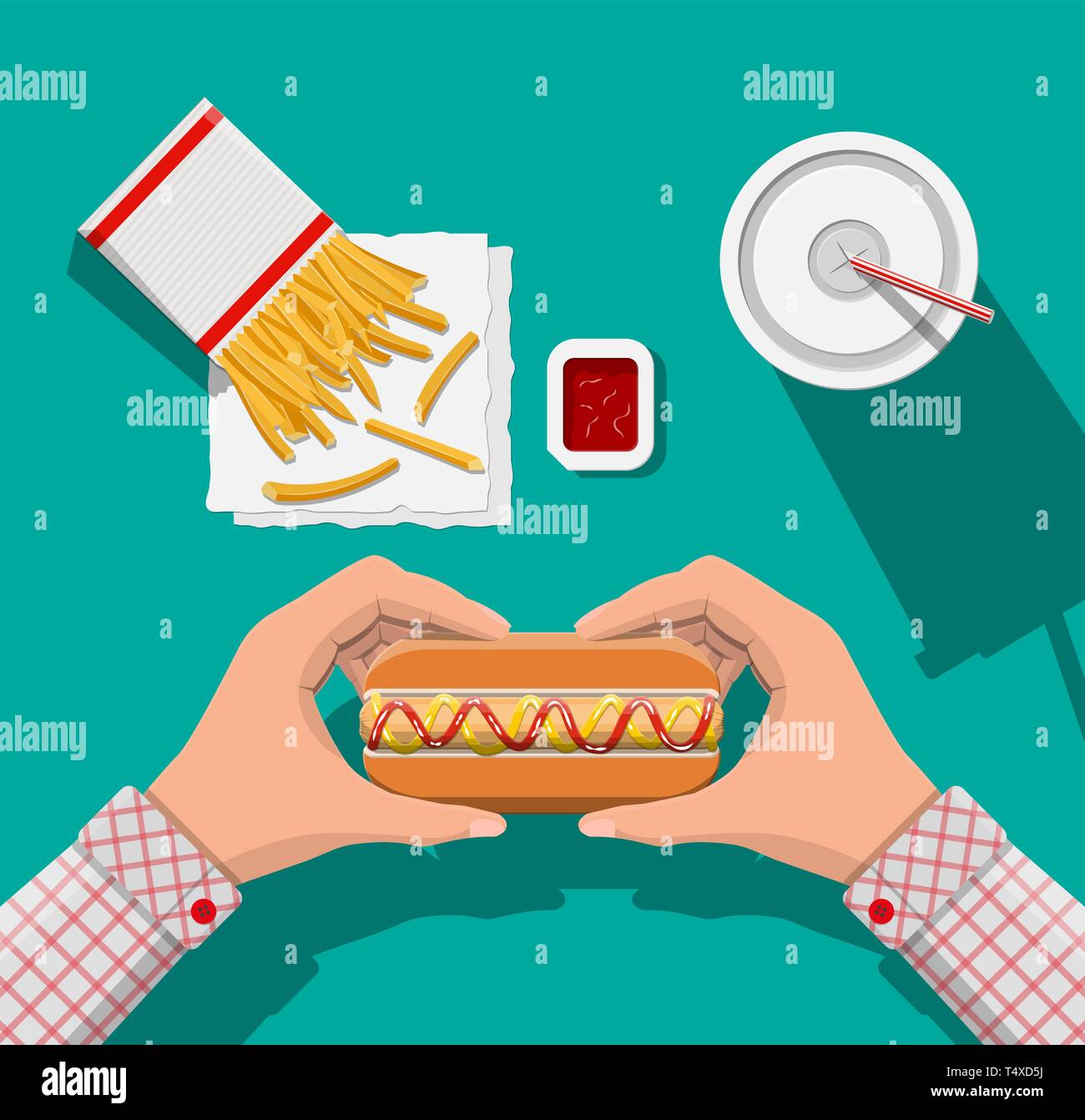 Tasty hotdog, red striped paper glass with drinking straw, french fries in white paper box. Cup of cola with fries and hot dog. Man eating fast food.  Stock Vector